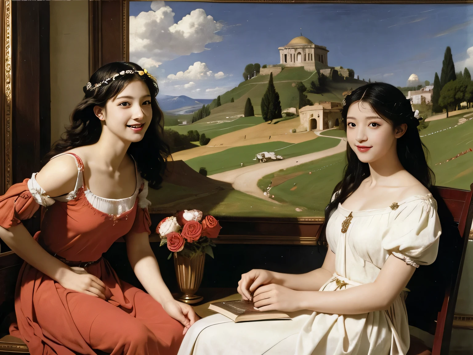 Giorgione painting style,Arguments of two female Philosophe,math、astronomical machine、astronaut、roses in vase、fruits、Cute trinkets、smile、ancient greek costume、Ancient Roman landscape in the style of Nicolas Poussin,laughter,,Sweet and seductive appearance.、Caravaggio's paintings、Chiaroscuro of Caravaggio、hair tousled by the wind,Two women frolicking,cute smile, expression of ecstasy,Sexy,erotic