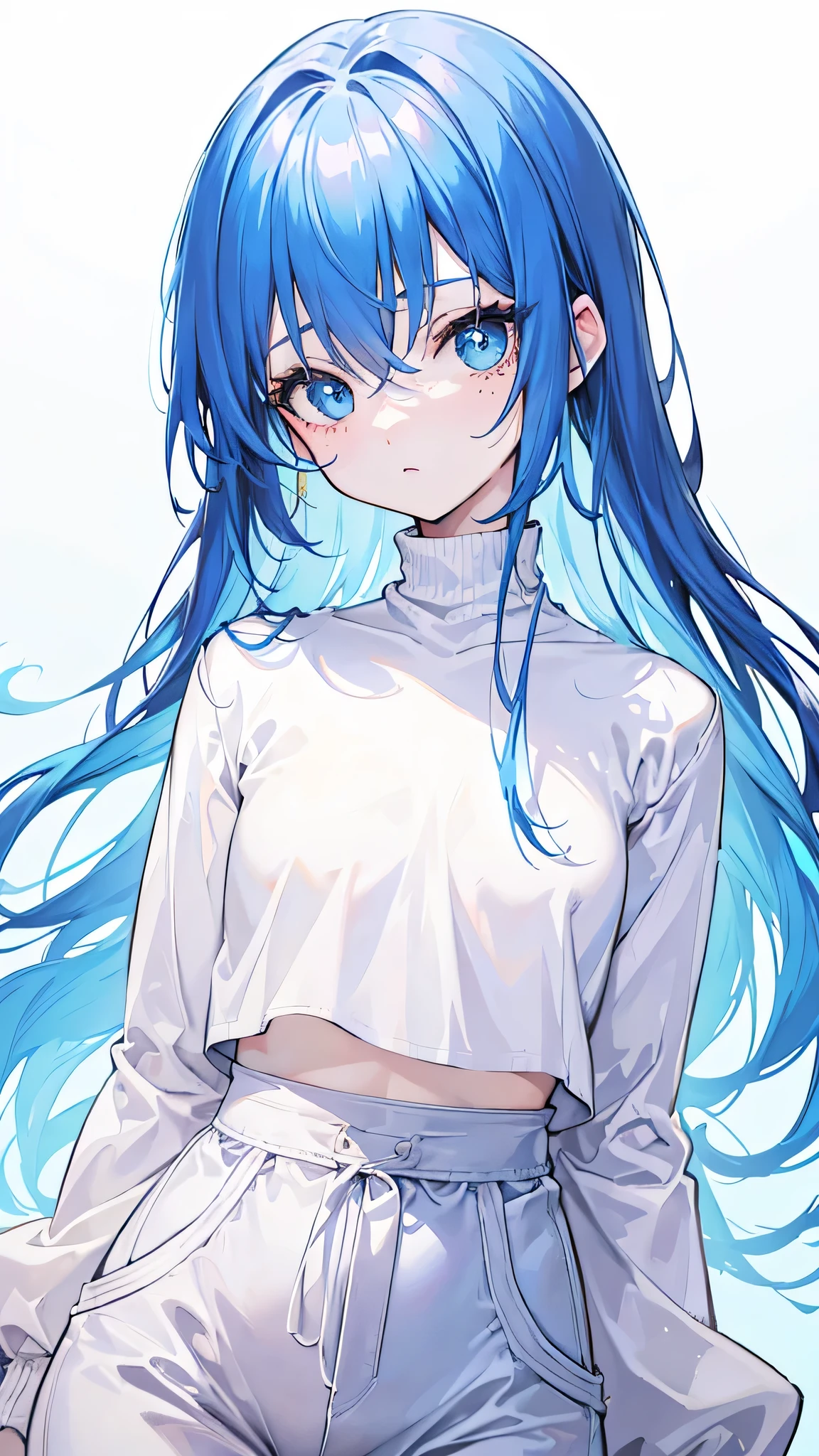 (best quality,high resolution),
portrait,
blue hair,colorful hair,
messy hair:direct,
thin eyebrows:arched,
big round eyes,innocent eyes,Bright Eyes,
small freckles,
soft pink lips,
young face,
short and small,
white turtleneck sweater,
black and white clothes,
long sleeve top,
trousers,
flat chest,
whole body,
confident posture,
light blue background,
soft light