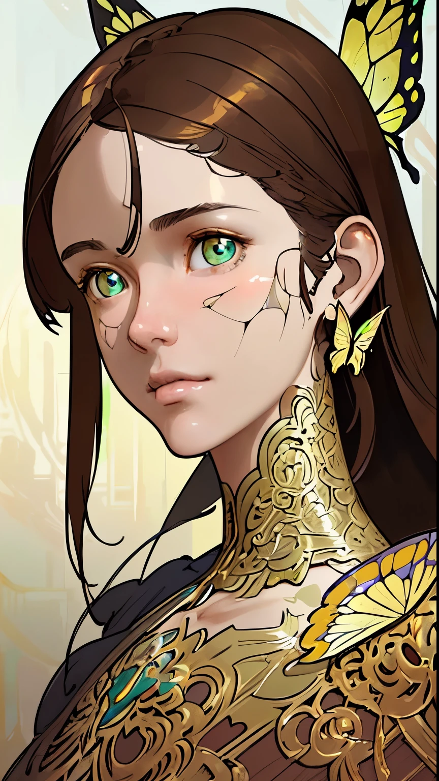 8k portrait of beautiful cyborg with brown hair, intricate, elegant, highly detailed, majestic, digital photography, art by artgerm and ruan jia and greg rutkowski surreal painting gold butterfly filigree, broken glass, (masterpiece, sidelighting, finely detailed beautiful eyes: 1.2), hdr,
