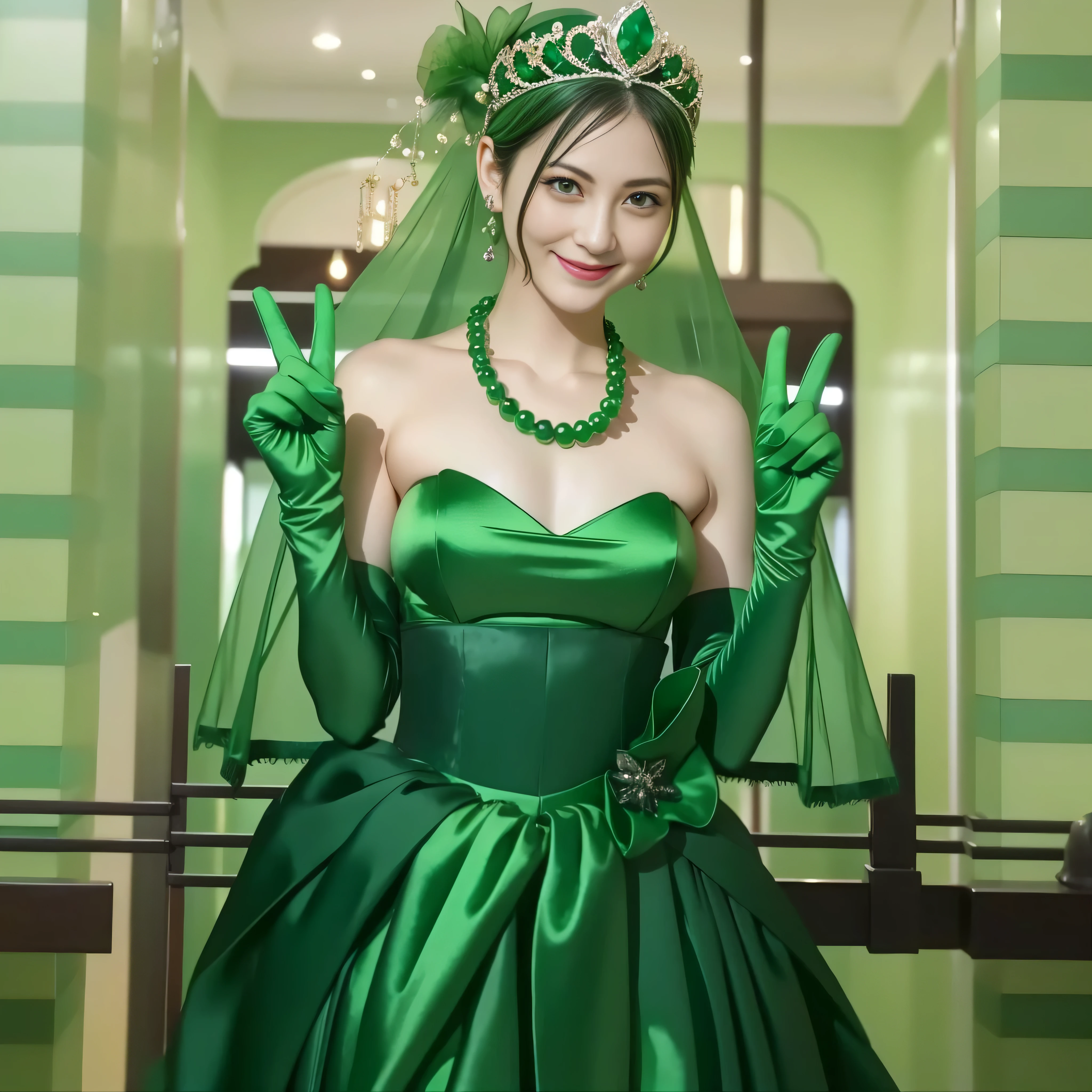 emerald tiara, green pearl necklace, Boyish green berry short hair, lipstick, Smiling Japan woman, very short hair, big breasts beautiful, green eyes, Green long gloves made of satin material, green eyes, V sign, emerald earrings, 30 generation women