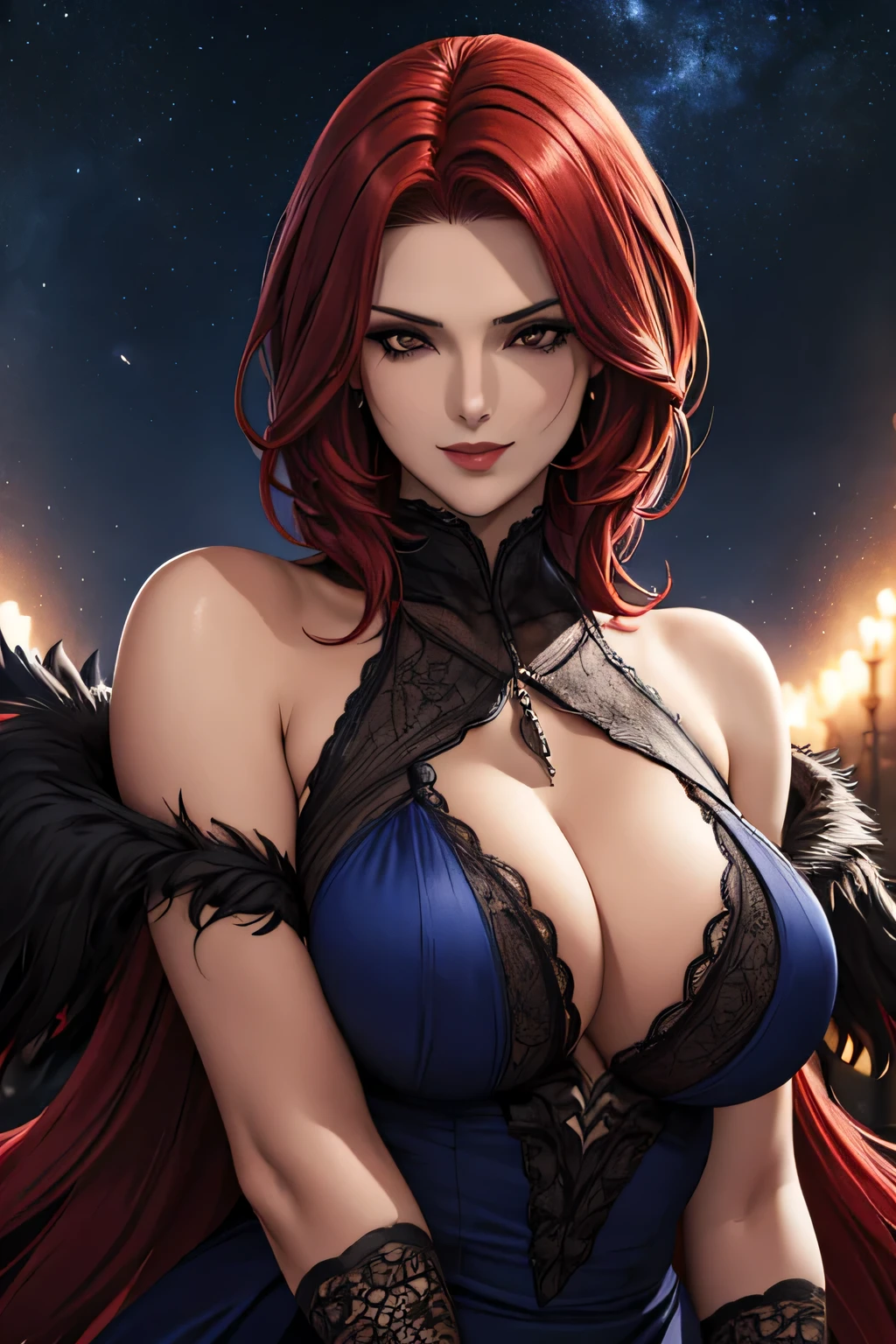 portrait shot, ((vivid red hair)), mature woman, 30 years old, diamond face, moonlight, red starry sky background, depth of field, magic, big red lips, ((dark black eyes)) black and red long and full dress, covered chest, mystical atmosphere, ominous shadows, Intense blue aura, Intense red aura (best quality:1.2), absurdres, intricate details, (highly detailed skin:1.2), smile expression, posing, taut and well defined body, attractive. Highly realistic, pale skin, beautiful, hyperrealism, skin very elaborated, direct gaze
