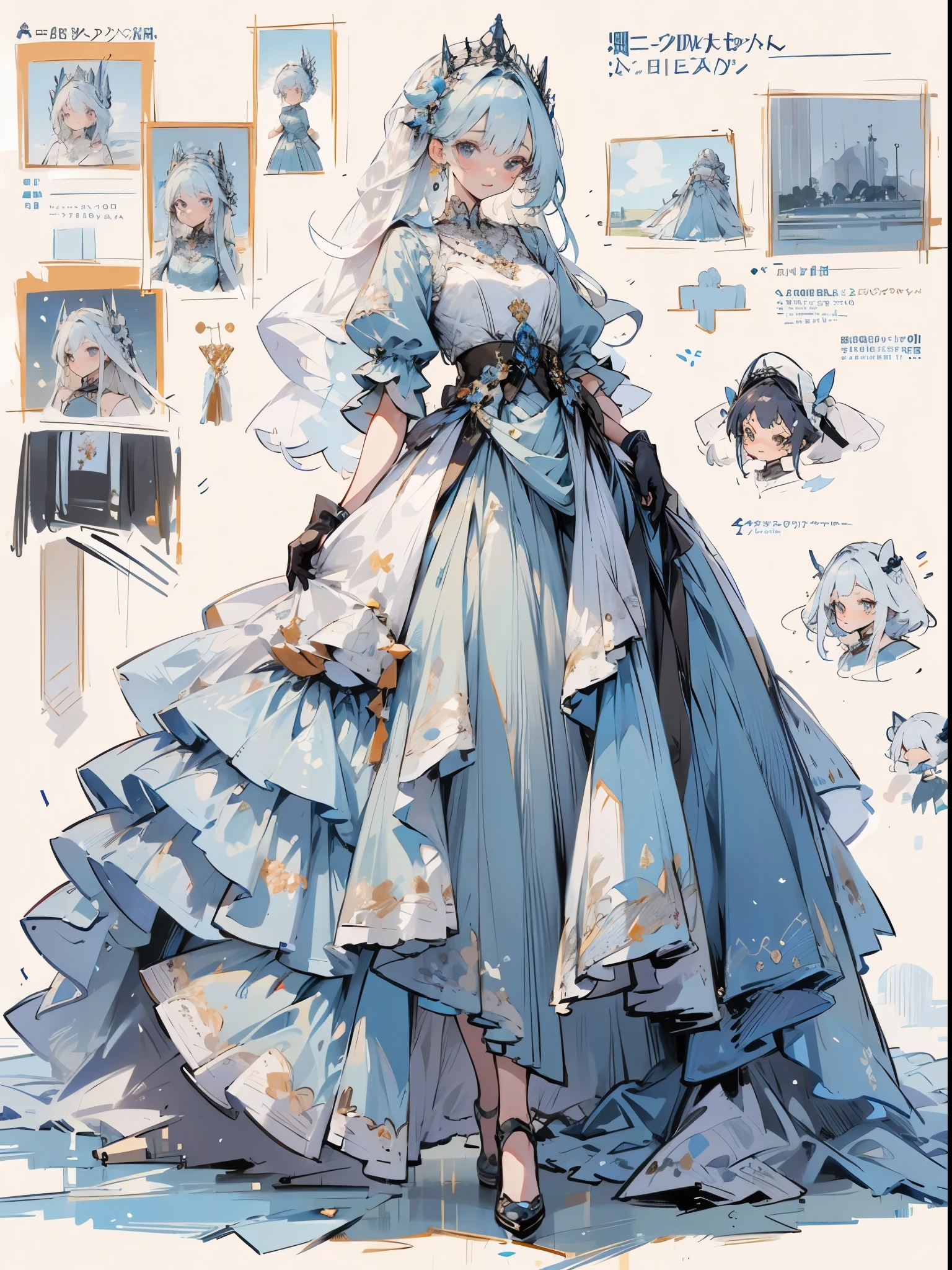 ((best quality high resolution)), blue ballgown in illustration showing many dolls of various types being used to make a wedding gown, dress, 1girl, jewelry, long hair, necklace, gloves, blue gloves, earrings, blue dress