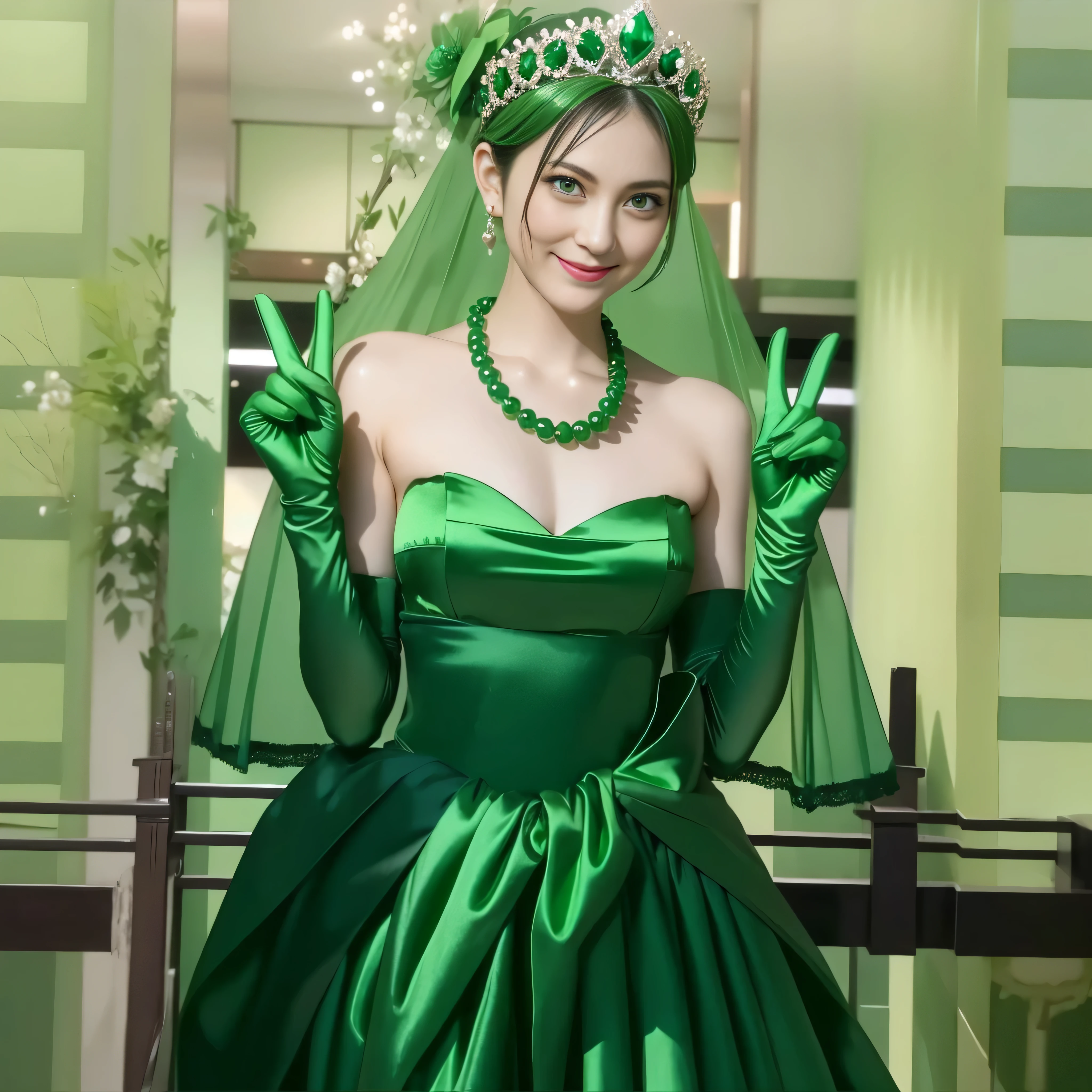 emerald tiara, green pearl necklace, Boyish green berry short hair, lipstick, Smiling Japan woman, very short hair, big breasts beautiful, green eyes, Green long gloves made of satin material, green eyes, V sign, emerald earrings, 30 generation women