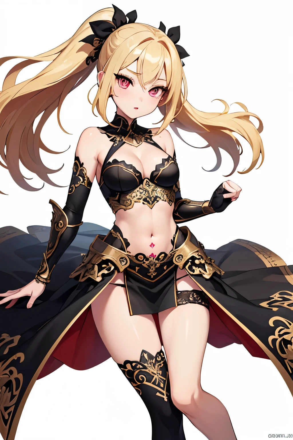 1girl, anime, cute girl, blank background, white background, fantasy, detailed fantasy dress with highlights, beautiful face, beautiful eyes, dark colors, black hair with multicolor streaks, red eye with different color pupil in eye, multicolor eye, medium small breasts (slightly big), slight cleavage, beautiful skin, cute, breast curtains, extremely delicate and beautiful, (beautiful detailed face:1.0), (detailed deep eyes), symmetrical breasts, deep eyes, shiny skin, portrait, slender waist, hips wider than shoulders, thighs, expressionless, young girl, luminous eyes, adorable，（Kpop idol）,（aegyo sal：1），（Platinum blonde hair：1），（（puffy eye）），Black panty，sexy posture，Superskirt, ultra high resolution，Black collar，slim figure, Abdominal y tattoo, womb tattoo，Tight-fitting leg ring，y tattoo on half-body，Bare skin, Armored hand，Hidden fingertips，Hand covered，Arm covered，Fist covered,{{beautiful detailed fingers}}, tufts of hair, moderate beautiful breast:1.0,(masterpiece:1.2), best quality, high-res, HDR, perfect face, intricate armor, delicate blue filigree, intricate filigree, red metalic parts, detailed part, dynamic pose, dynamic lights,