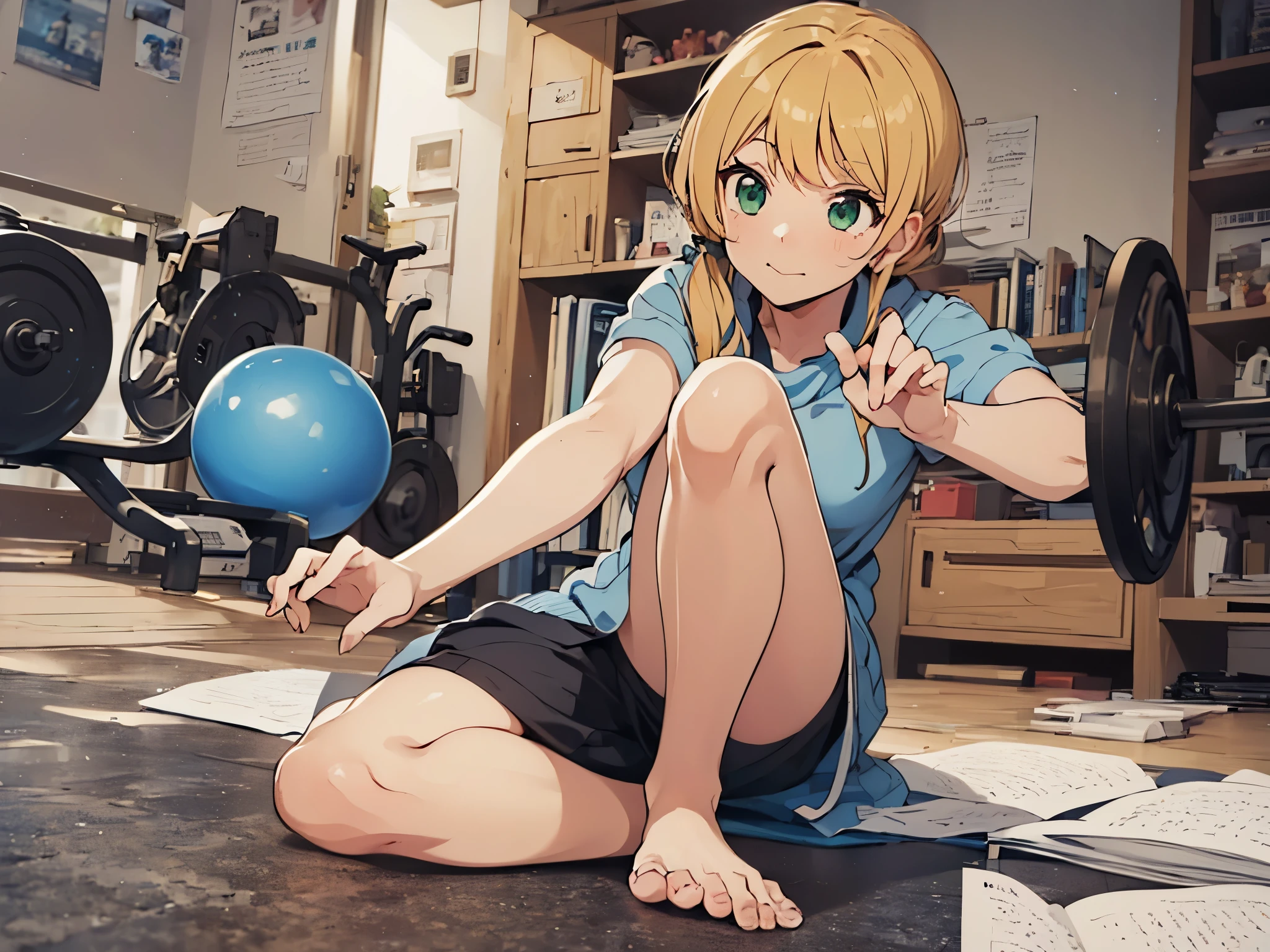 anime style, Ellen Baker, beautiful, green eyes, blonde hair, sportswear, push ups, Jersey, Beautiful leg lines, gym (masterpiece:1.2), (lively:1.2), very detailed, perfect art