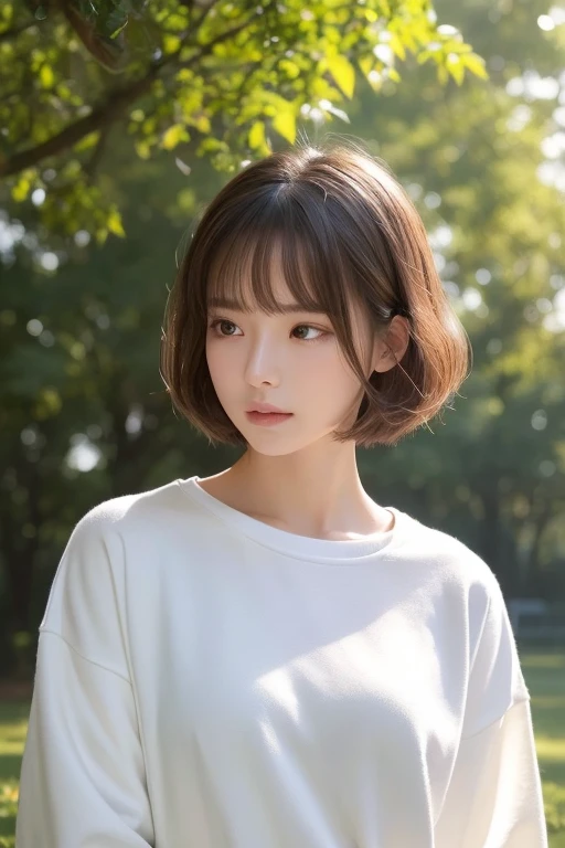 ((highest quality)), ((masterpiece)), (be familiar with), perfect face、illuminated by soft natural light、evokes a sense of calm and introspection、Creates a meditative atmosphere、Delicate and detailed face、white sweatshirt、surreal、very detailed、Detailed、Pure  face ace、fluffy brown short hair、The background is a park、