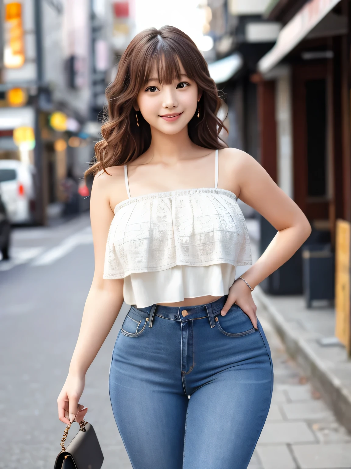 8K, highest quality, real image, intricate details, Super detailed, ultra high resolution, depth field, (realistic:1.2), full body, (closed mouth:1.3), 1 Japanese girl, very beautiful  girl, small eyes, beautiful breasts:1.5、highly detailed eyes:1.2), (beautiful breasts:1.1), (small breasts:1.2), wavy hair、curly hair、bangs, Fair skin, (huge hips:1.3), (thick thighs:1.3), (thick legs:1.2), tight waist, alone, (smile:1.2), (headband top), break, (skinny jeans), busy street