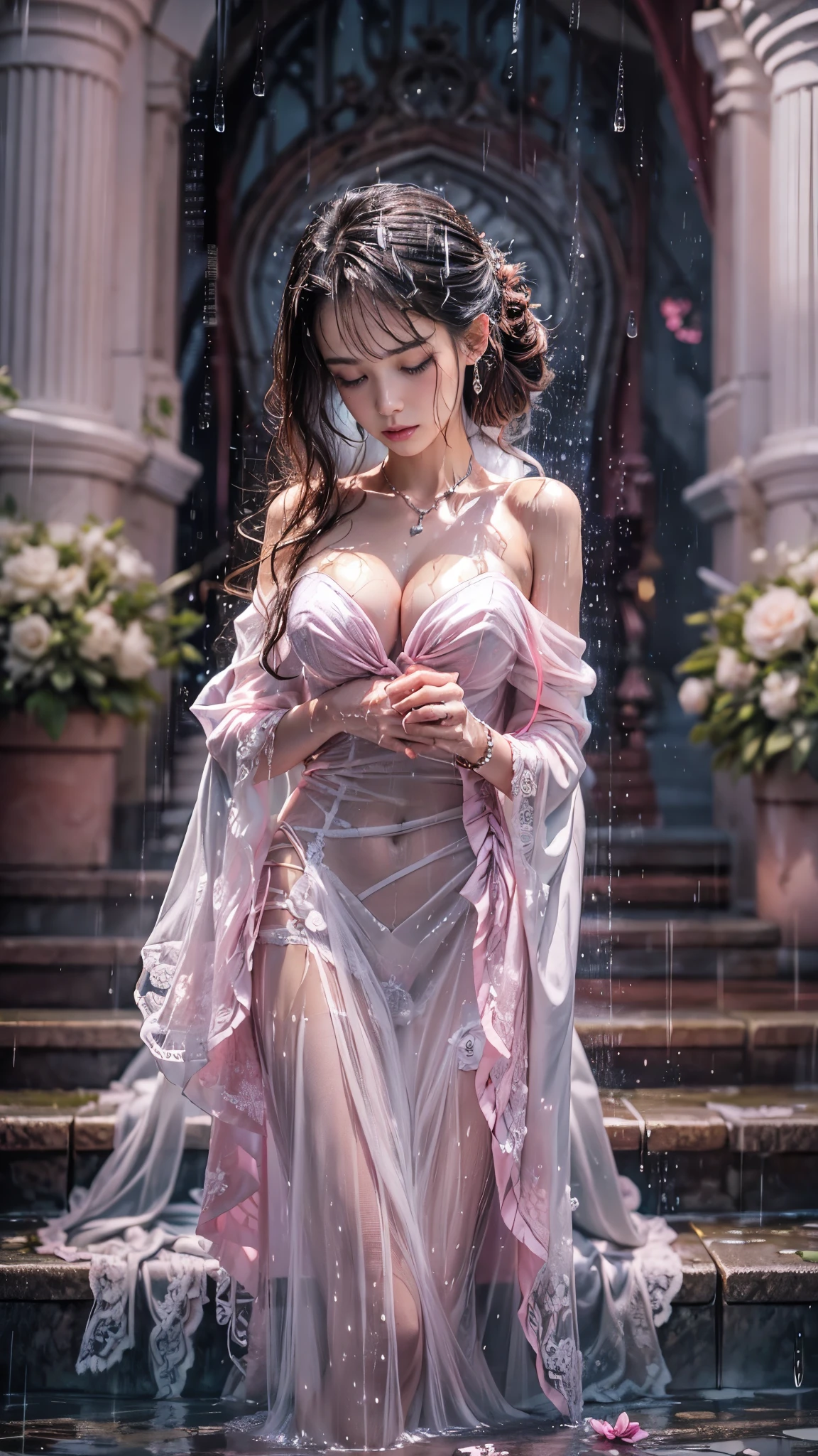 (RAW shooting, Photoreal:1.5, 8K, highest quality, masterpiece, ultra high resolution), perfect dynamic composition:1.2, In front of a church at night in a modern city, expression of sadness:0.3, (((Typhoon heavy rain))), Highly detailed skin and facial textures:1.2, Slim office lady wet in the rain:1.3, Fair skin, sexy beauty:1.1, perfect style:1.2, beautiful and aesthetic:1.1, very beautiful face, water droplets on the skin, (rain drips all over my body:1.2, wet body:1.2, wet hair:1.3), (wet bouquet:1.2, wet pink wedding dress:1.3), belt, (Medium chest, Bra is transparent, Chest gap), (cry, lovelorn, The expression on your face when you feel intense caress, Facial expression when feeling pleasure), (beautiful blue eyes, Eyes that feel beautiful eros:0.8), (Too erotic:0.9, Bewitching:0.9), cowboy shot, necklace, earrings, bracelet, clock