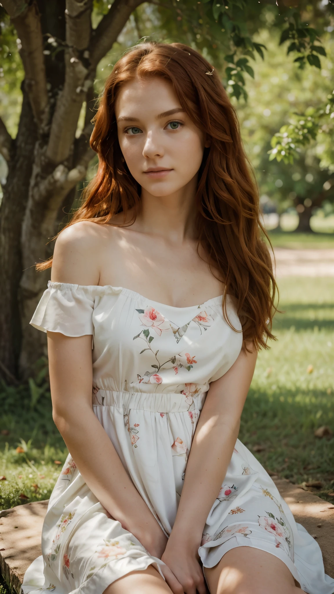 photograph, natural lighting, a beautiful woman around 20 years old with wavy red hair and green eyes, wearing a white floral dress, sitting under a tree, sharp focus, 8k, hdr, masterpiece, highest quality,