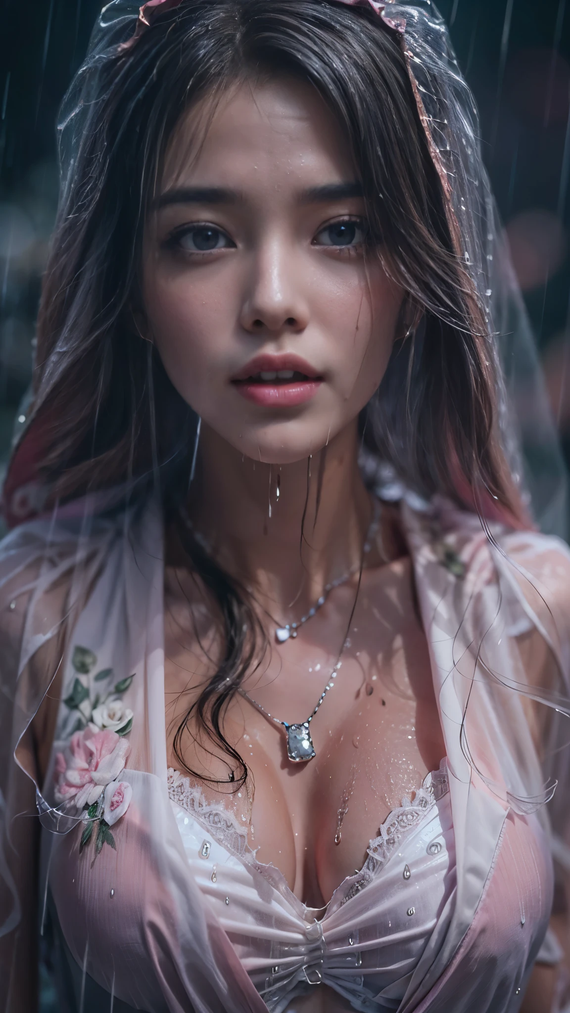 (RAW shooting, Photoreal:1.5, 8K, highest quality, masterpiece, ultra high resolution), perfect dynamic composition:1.2, In front of a church at night in a modern city, expression of sadness:0.3, (((Typhoon heavy rain))), Highly detailed skin and facial textures:1.2, Slim office lady wet in the rain:1.3, Fair skin, sexy beauty:1.1, perfect style:1.2, beautiful and aesthetic:1.1, very beautiful face, water droplets on the skin, (rain drips all over my body:1.2, wet body:1.2, wet hair:1.3), (wet bouquet:1.2, wet pink wedding dress:1.3), (Medium chest, bra is see-through, Chest gap), (cry, lovelorn, The expression on your face when you feel intense caress, Facial expression when feeling pleasure), (Eyes that feel beautiful eros:0.8), (Too erotic:0.9, Bewitching:0.9), cowboy shot, necklace, earrings, bracelet