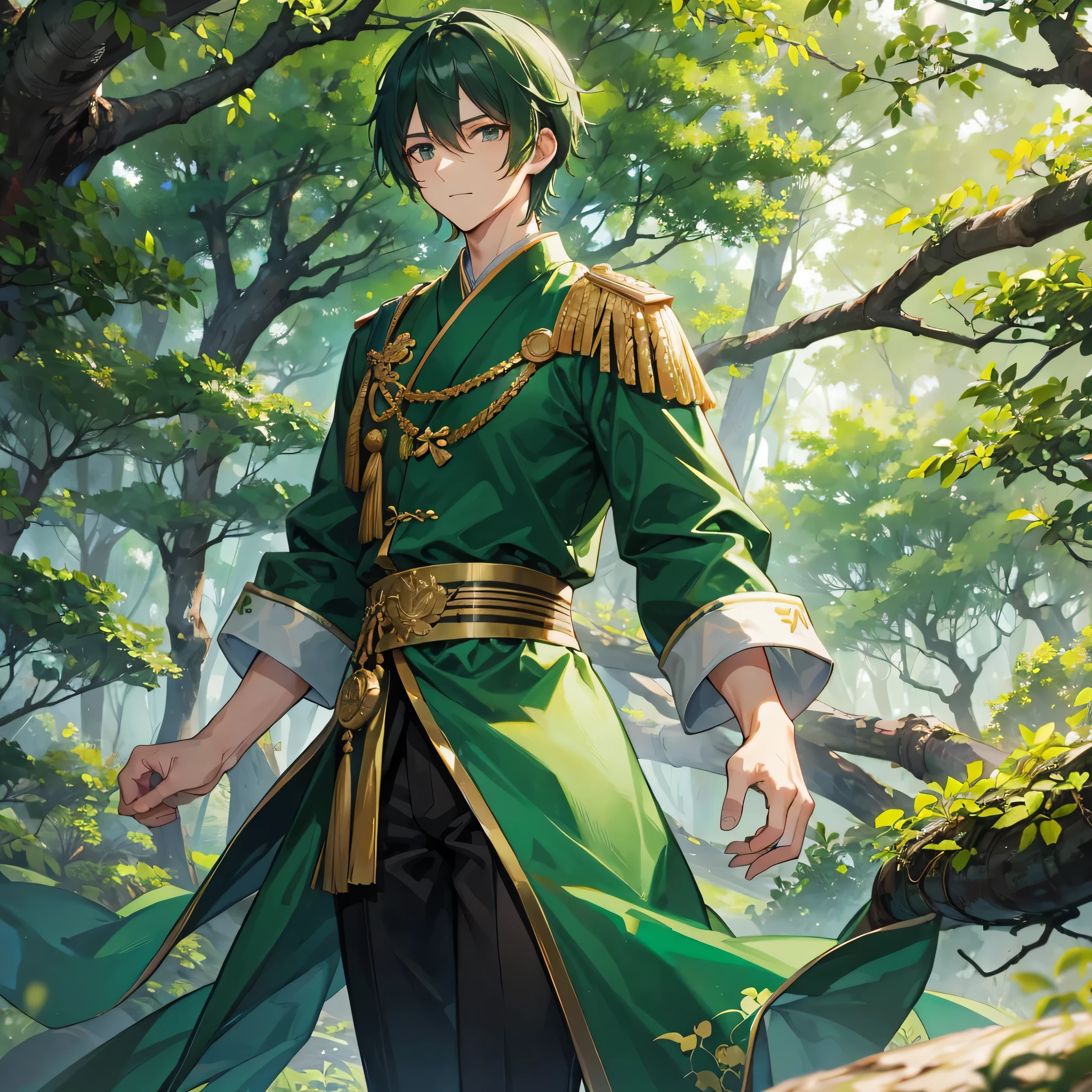 forest，forest王子，green，male，handsome man，身穿green衣服，forest背景