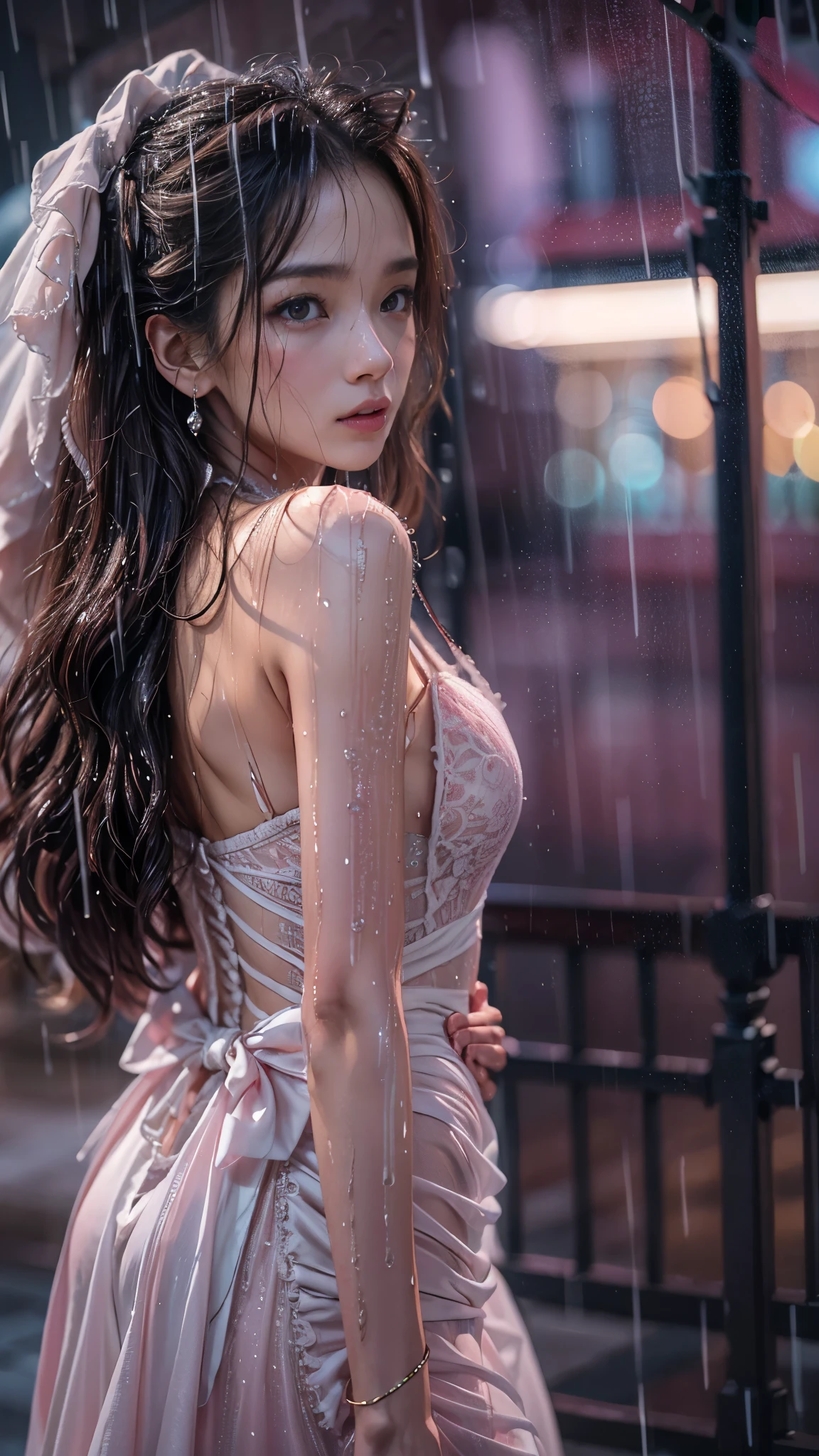 (RAW shooting, Photoreal:1.5, 8K, highest quality, masterpiece, ultra high resolution), perfect dynamic composition:1.2, In front of a church at night in a modern city, expression of sadness:0.3, (((Typhoon heavy rain))), Highly detailed skin and facial textures:1.2, Slim office lady wet in the rain:1.3, Fair skin, sexy beauty:1.1, perfect style:1.2, beautiful and aesthetic:1.1, very beautiful face, water droplets on the skin, (rain drips all over my body:1.2, wet body:1.2, wet hair:1.3), (wet bouquet:1.2, wet pink wedding dress:1.3), (Medium chest, bra is see-through, Chest gap), (cry, lovelorn, The expression on your face when you feel intense caress, Facial expression when feeling pleasure), (Eyes that feel beautiful eros:0.8), (Too erotic:0.9, Bewitching:0.9), cowboy shot, necklace, earrings, bracelet