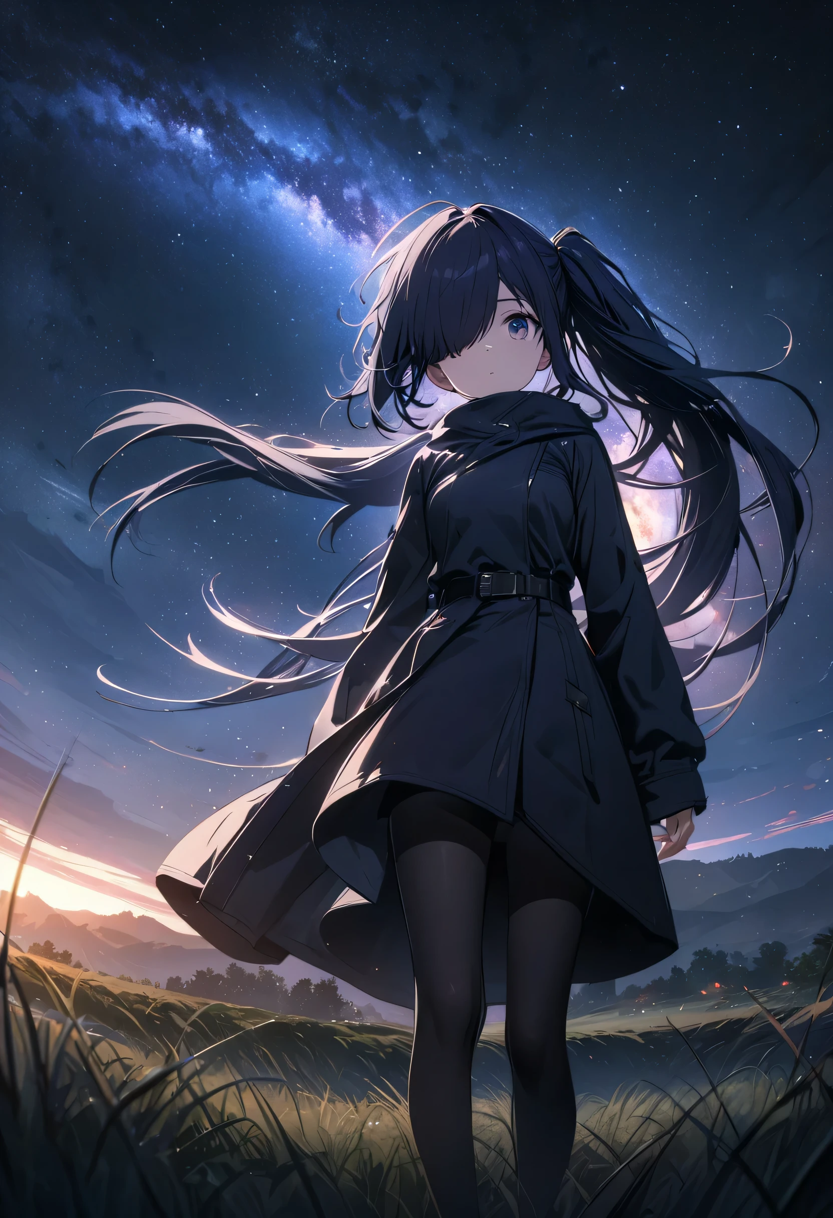 Best image quality、Super detailed CG、unified 8k wallpaper、masterpiece、black pantyhose、Milky Way眼、Black parka、black belt、Milky Way、night、dark blue hair、Side Mao Insult、grassland、Black knee-high shoes、The wind blows the hair、hair covering one eye、Waiting to begin