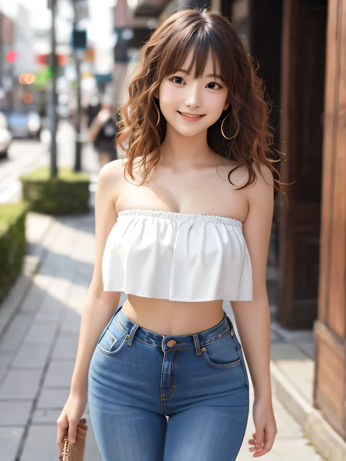 8K, highest quality, real image, intricate details, Super detailed, ultra high resolution, depth field, (realistic:1.2), full body, (closed mouth:1.3), 1 Japanese girl, very beautiful 17 year old girl, small eyes, beautiful breasts:1.5、highly detailed eyes:1.2), (beautiful breasts:1.1), (small breasts:1.2), wavy hair、curly hair、bangs, Fair skin, (huge hips:1.3), (thick thighs:1.3), (thick legs:1.2), tight waist, alone, (smile:1.2), (headband top), break, (skinny jeans), busy street