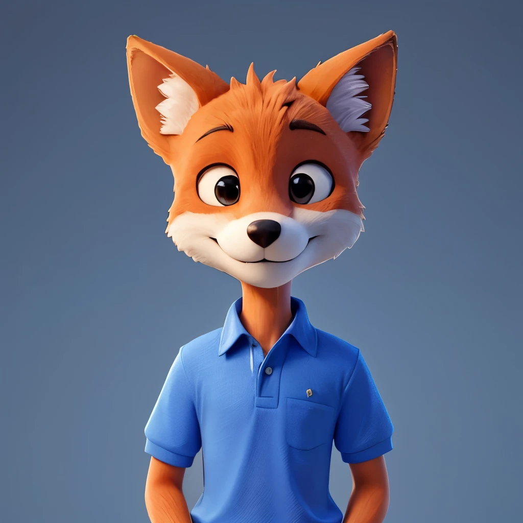 Smiling humanoid fox wearing blue polo collar shirt