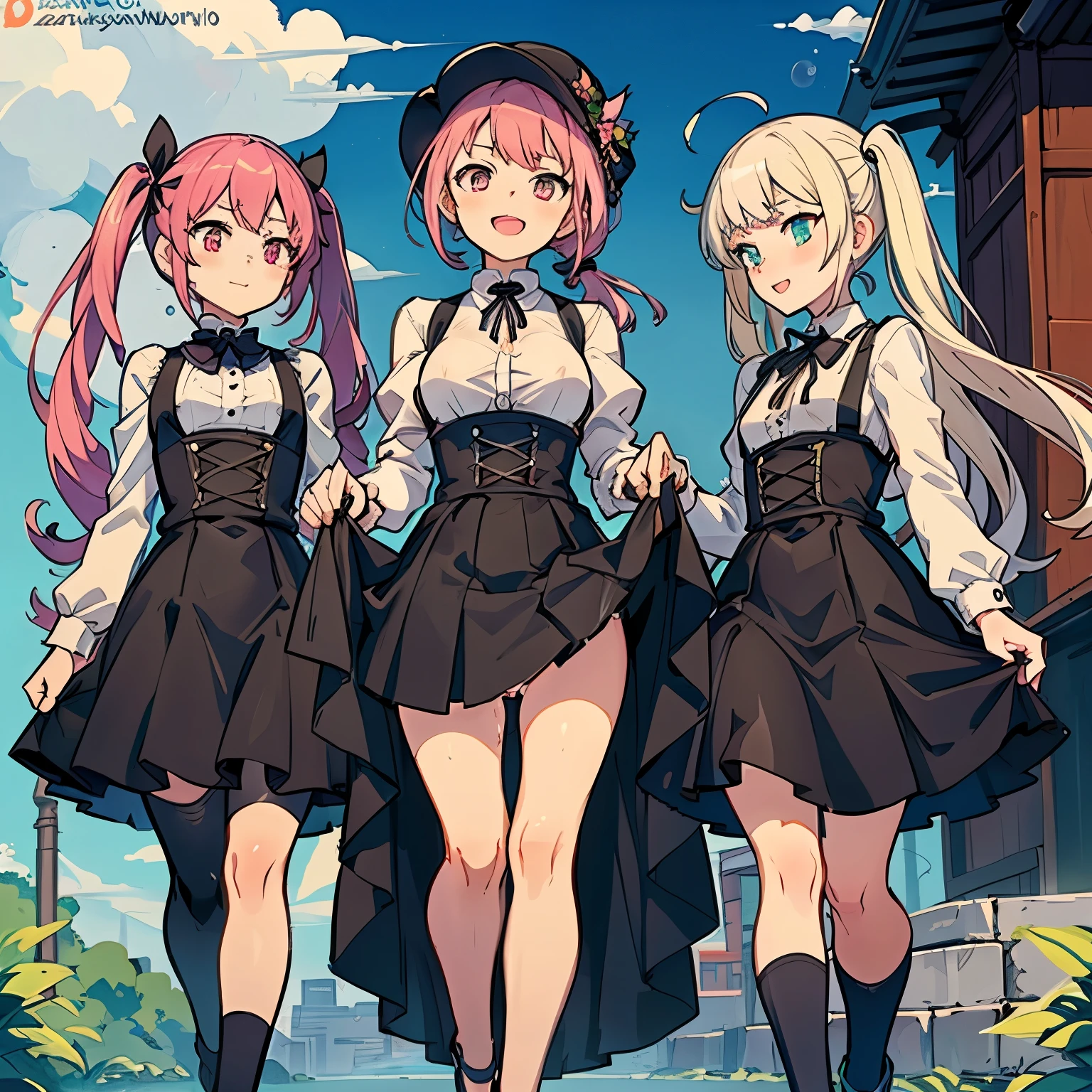 4 Girls with pink hair, long twintail hairstyle, small bushy eyebrows, wearing gothic lolita clothing, (Zankuro) drawing style by zankuro artist, Zancrow style, image uploaded to R34, walking to school, flirty smile, , lifting her skirt to show her vagina wet with semen