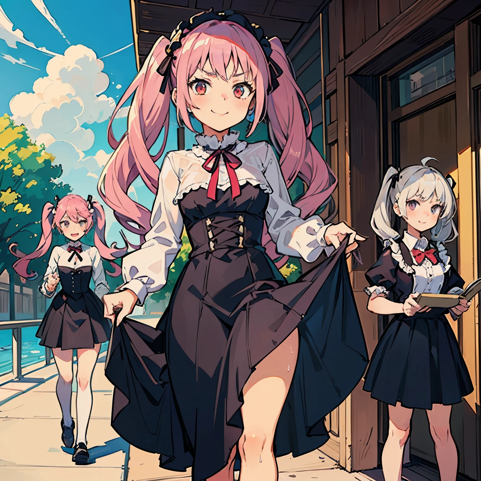 4 Girls with pink hair, long twintail hairstyle, small bushy eyebrows, wearing gothic lolita clothing, (Zankuro) drawing style by zankuro artist, Zancrow style, image uploaded to R34, walking to school, flirty smile, , lifting her skirt to show her vagina wet with semen