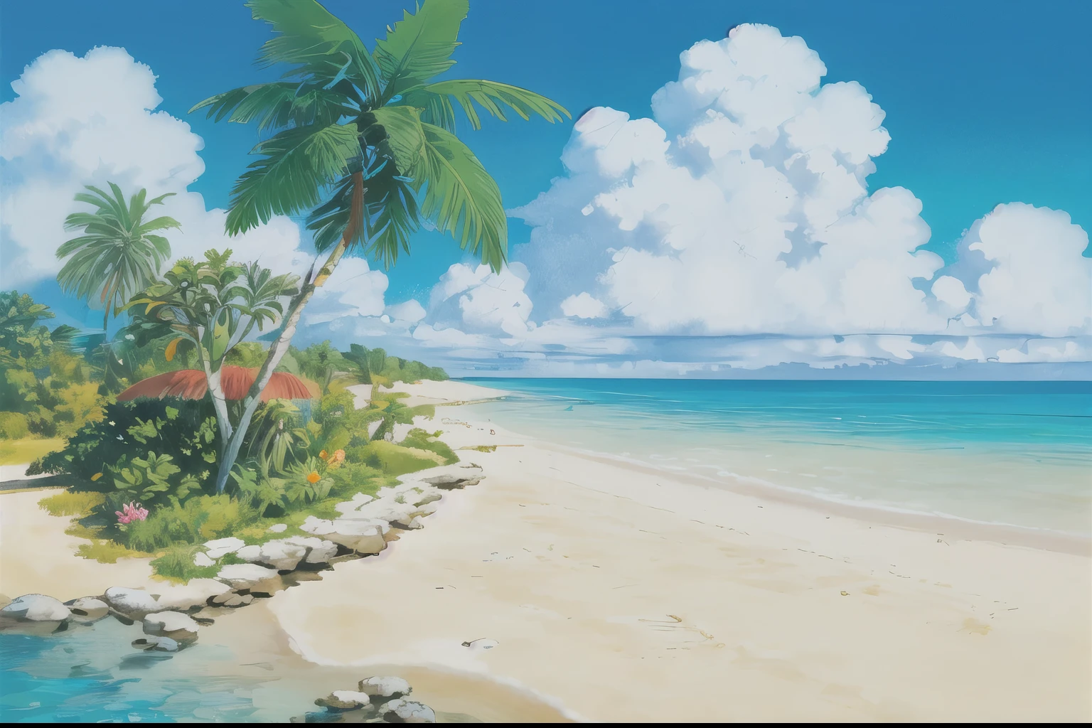 (((highest quality))), high color saturation, clear, reasonable structure, cartoon style, architecture, beach, boat, hut, Palm tree, sand, Ocean, Oceangull, null, sunny day, fantasy, no_human, outdoor, landscape, genuine, beautiful and amazing landscape oil painting Ghibli Studio Miyazaki’s tropical island with blue Ocean and null, tropical island, coconut --v6