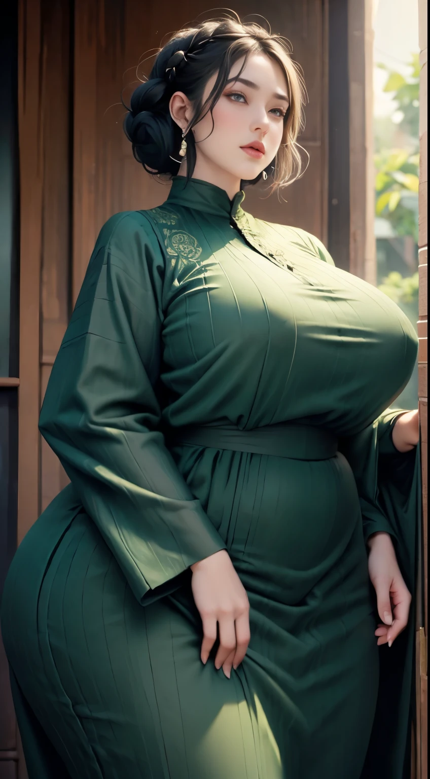 1girl, huge breast, wavy black short hair, green eyes,high quality, ultra detailed, masterpiece, realistic, gamis clothes,braid,standing, slightly fat arms , slightly fat belly , chubby cheeks 