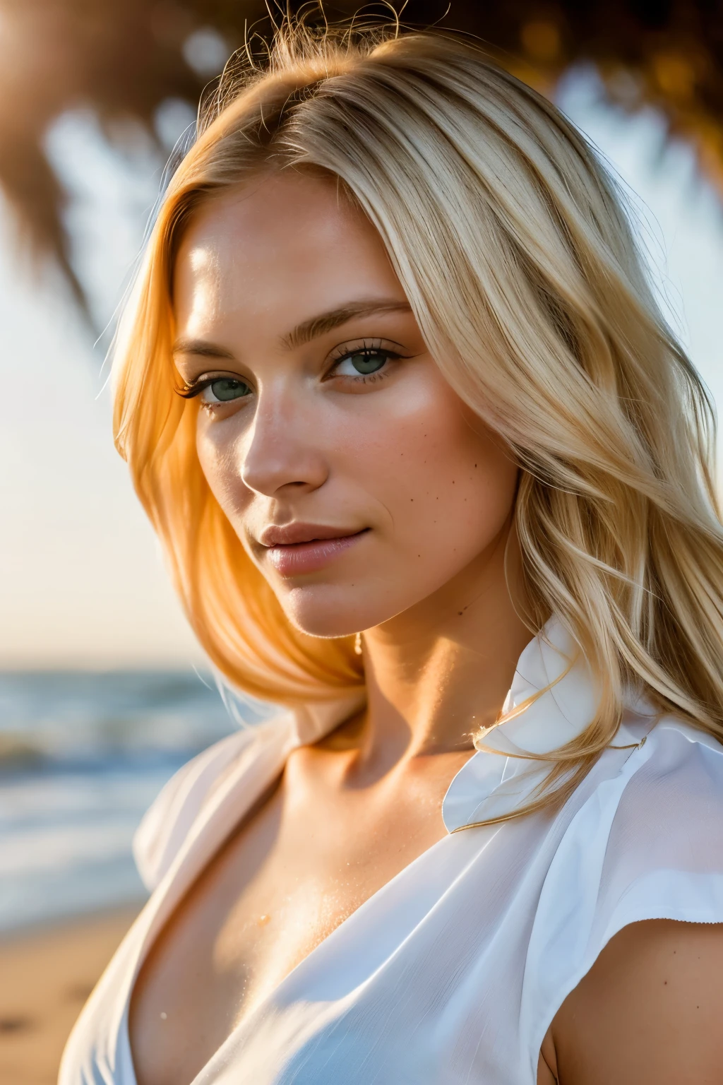 An 8K RAW photo of a solitary blonde woman, a masterpiece of realism and photo-realism (1.37), in which every detail is ultra-detailed. The serene scene unfolds on a beautiful golden hour beach, with the woman standing, her body bathed in gentle sunlight that softly lights her features as she softly smiles, her eyes squinting slightly (1.2). A professional portrait setup, featuring a Canon EOS R6 and RF 85mm F1.2L USM lens, captures her every detail: her wavy blonde hair softly blowing in the breeze, her golden tanned skin, and her flowing white linen blouse billowing