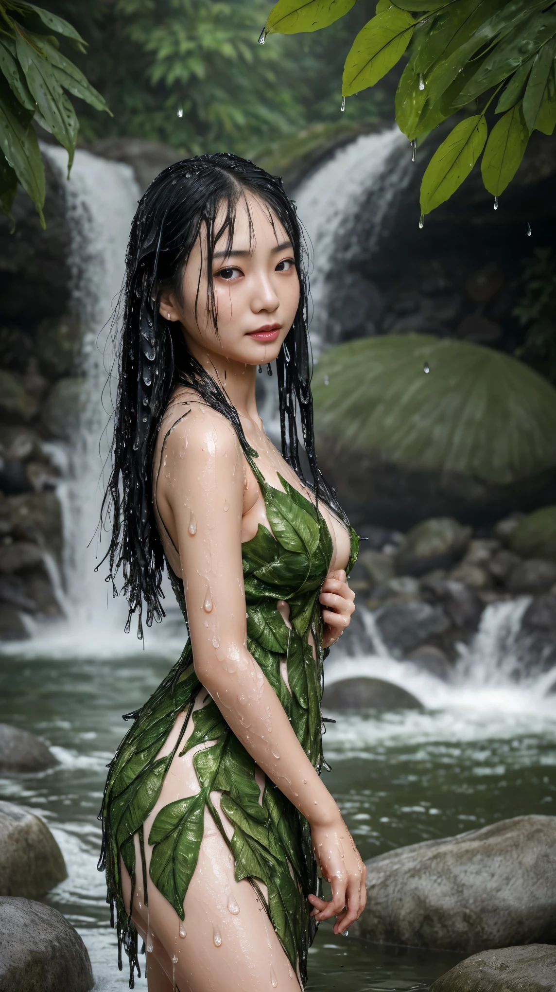 最high quality、high quality、best image quality、8K、最High resolution、High resolution、最high quality、masterpiece、Raw photo、whole body写真、Realistic human body in every detail、Realistic skin in every detail、Realistic face in every detail、Realistic eyes down to the details、Realistic lips in every detail、Realistic teeth in every detail、Realistic ears down to the last detail、Realistic hair down to the last detail、Realistic arms down to the last detail、Realistic reproduction of every detail、Realistic fingers in every detail、(fine hands、thumb1reference4)、Realistic feet in every detail、Realistic feet in every detail、Realistic breasts down to the last detail、((beautiful japanese girl))、(japanese model), (japanese woman)、((18 year old beautiful girl))、(black hair)、(straight hair)、((whole body))、((beautiful upturned chest))、(slim and perfect body)、(whole body光沢肌、Fair skin)、Detailed and realistic human body、detailed realistic skin、detailed realistic face、detailed realistic arms、detailed realistic fingers、Detailed realistic feet、detailed realistic breasts、soft natural light、jungle with waterfall、waterfalls of different heights、big waterfall、waterfall with force of water、((stand on a rock in front of a waterfall(背景にbig waterfallが見える))、((Make a dress from real leaves(wearing a dress made of real leaves))、((bathe in waterfall water(Soaked skin from head to toe))、((Water dripping from the skin))、((Real leaves get wet and stick to your skin))、((Water dripping from realistic leaf dress))、sexy pose、angle from below