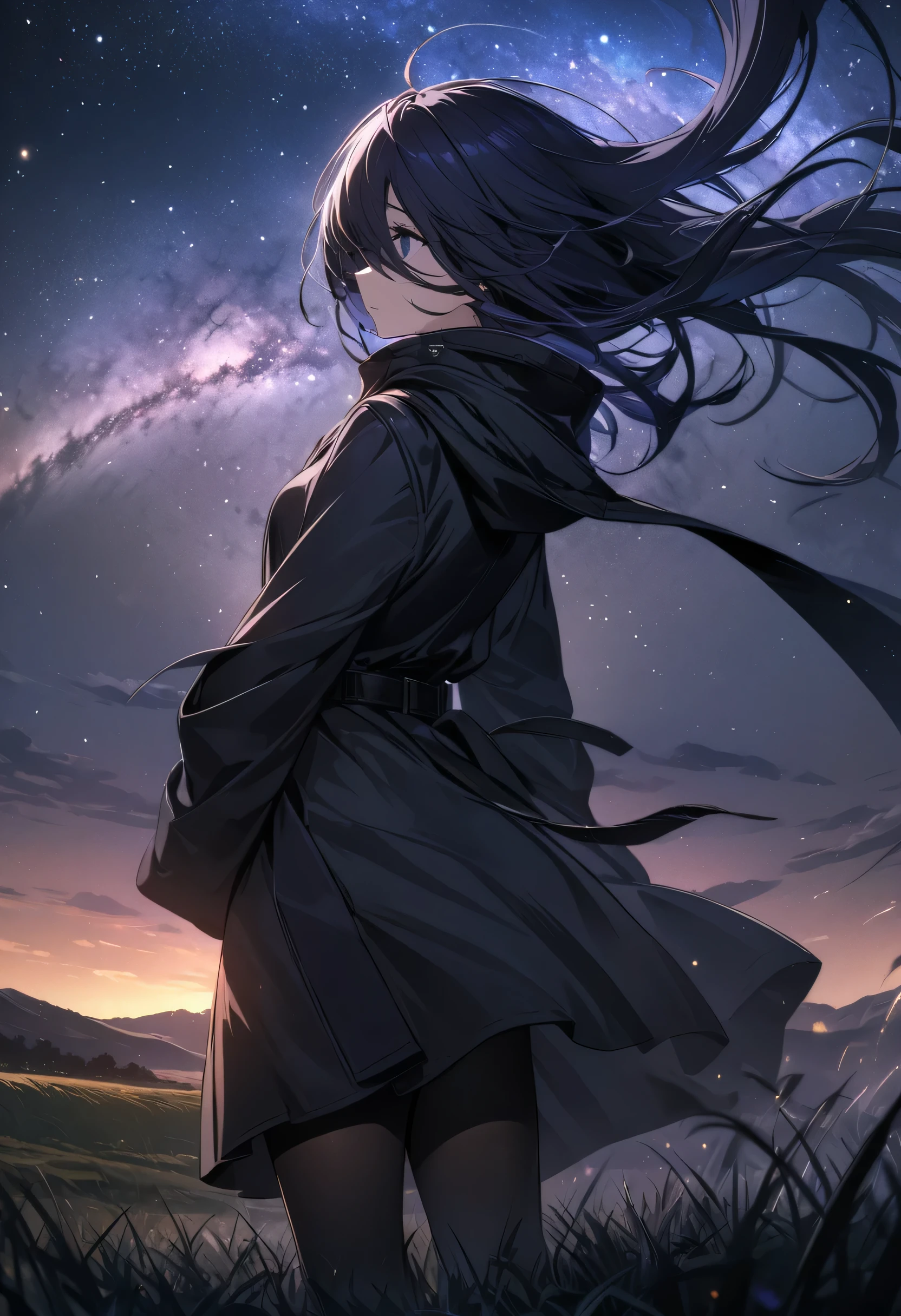 Best image quality、Super detailed CG、unified 8k wallpaper、masterpiece、black pantyhose、Milky Way眼、Black parka、black belt、Milky Way、night、dark blue hair、Side Mao Insult、grassland、Black knee-high shoes、The wind blows the hair、hair covering one eye、Waiting to begin