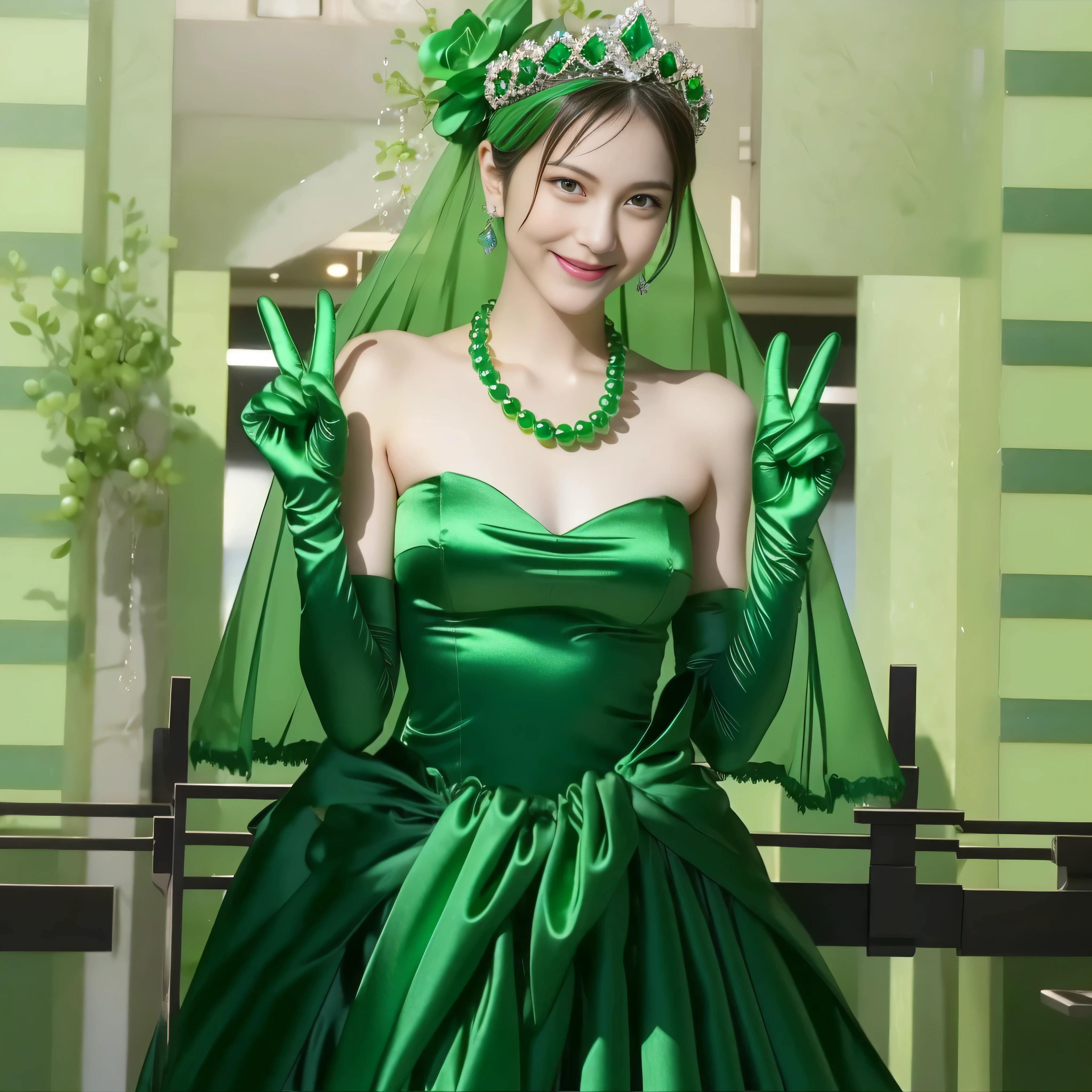 emerald tiara, green pearl necklace, Boyish green berry short hair, lipstick, Smiling Japan woman, very short hair, big breasts beautiful, green eyes, Green long gloves made of satin material, green eyes, V sign, emerald earrings, 30 generation women