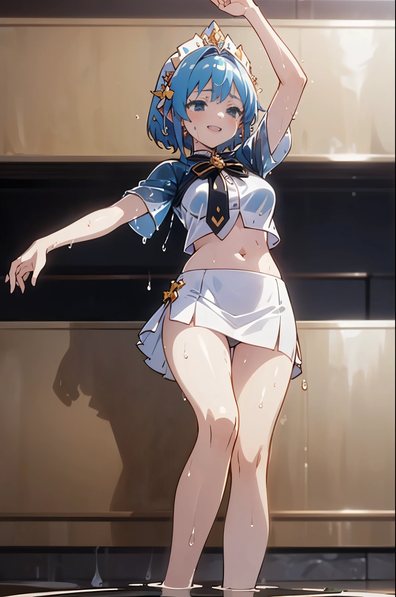 {{{masterpiece}}}, {{{best quality}}}, (),(child),(the best princess in the world:1.5),(Princess dress with many decorations:1.5),(Ornate headdress:1.3),(Smile:1.3),(Sweating on the skin:1.5),black hair,(very short hair:1.3),(whole body:1.2),(Lift your skirt up to your belly button:1.5),(Not wearing:1.3),(midsummer:1.5),(from below:1.5),(low field of view:1.5),(((Wet clothing))),tube top,(((ultra-thin clothing))),(Body model),((body outline)),bad girl,(open crotch)