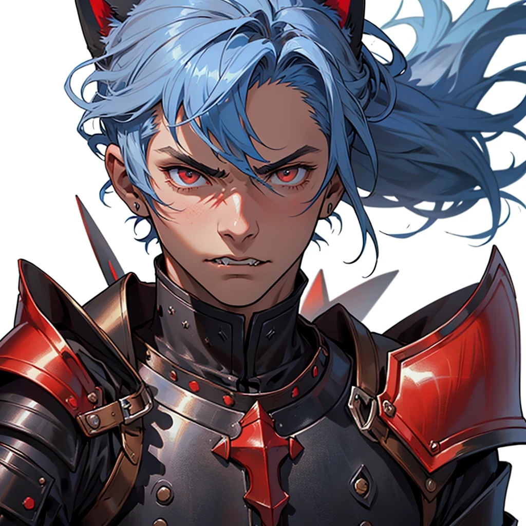 anime medieval art, masterpiece, best quality, male, 1 man, (((close-up face portrait))), detailed composition, detailed eyes, (((white background))), short spiky blue hair, brown eyes, angry face, (((wearing black clothes with red medieval armor))), cat ears, fangs