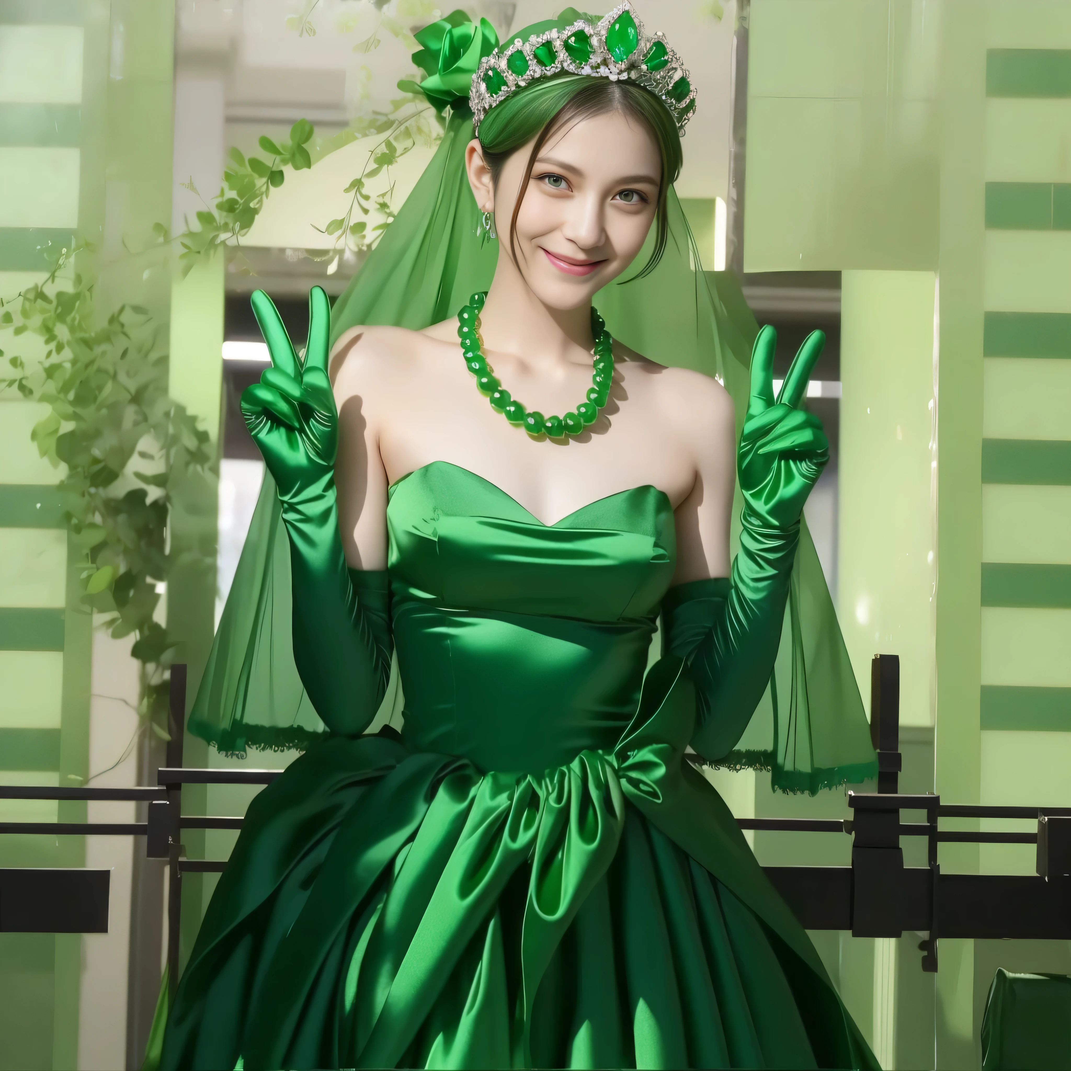 emerald tiara, green pearl necklace, Boyish green berry short hair, lipstick, Smiling Japan woman, very short hair, big breasts beautiful, green eyes, Green long gloves made of satin material, green eyes, V sign, emerald earrings, 30 generation women