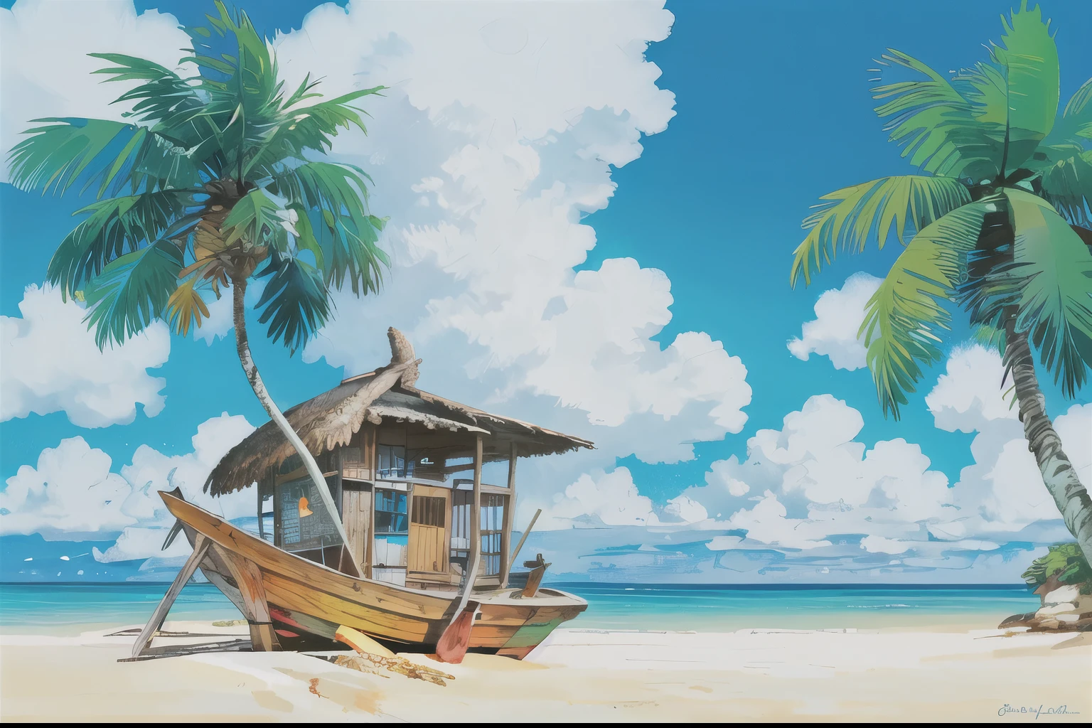 (((highest quality))), high color saturation, clear, reasonable structure, cartoon style, architecture, beach, boat, hut, Palm tree, sand, Ocean, Oceangull, null, sunny day, fantasy, no_human, outdoor, landscape, genuine, beautiful and amazing landscape oil painting Ghibli Studio Miyazaki’s tropical island with blue Ocean and null, tropical island, coconut --v6