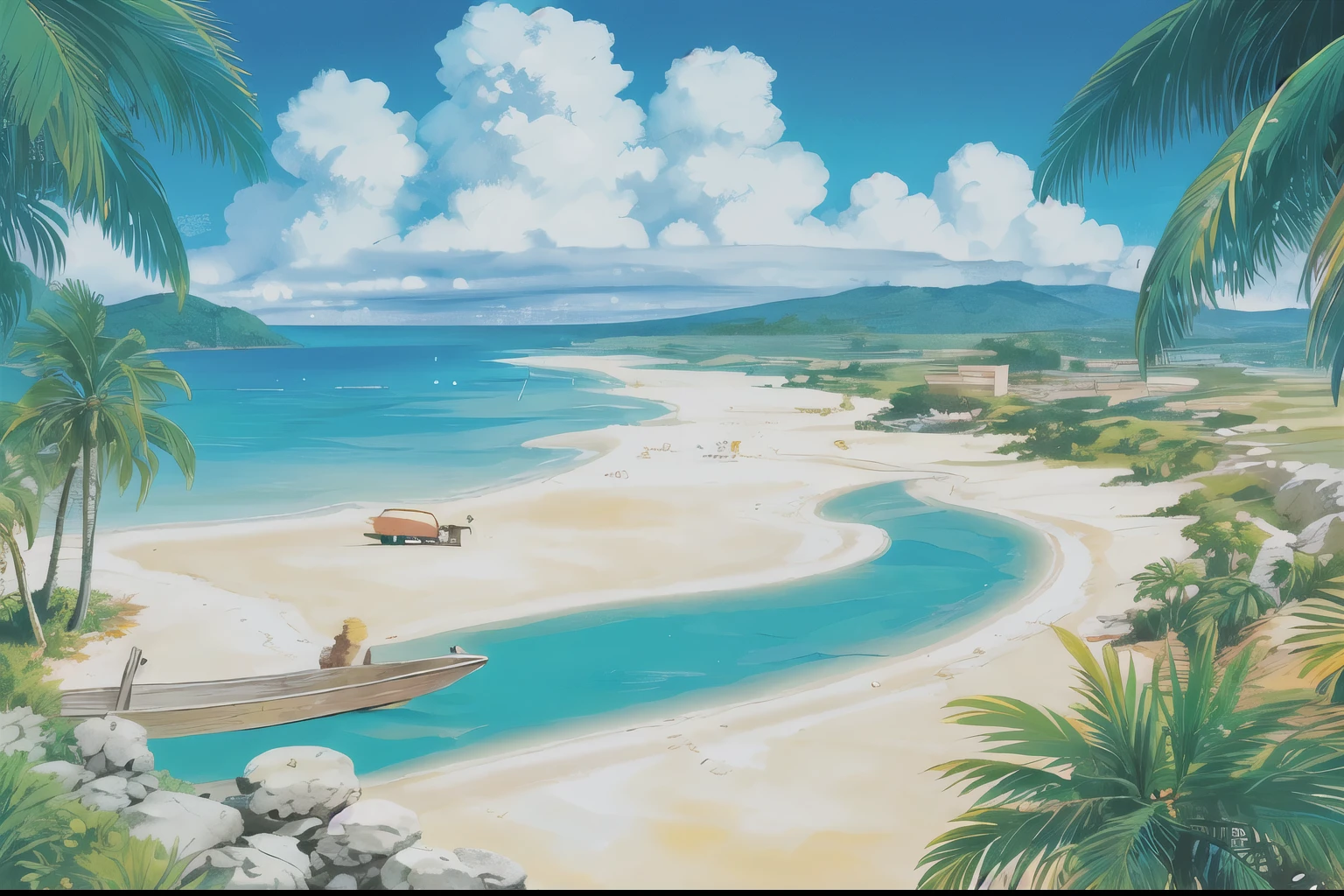 (((highest quality))), high color saturation, clear, reasonable structure, cartoon style, architecture, beach, boat, hut, Palm tree, sand, Ocean, Oceangull, null, sunny day, fantasy, no_human, outdoor, landscape, genuine, beautiful and amazing landscape oil painting Ghibli Studio Miyazaki’s tropical island with blue Ocean and null, tropical island, coconut --v6