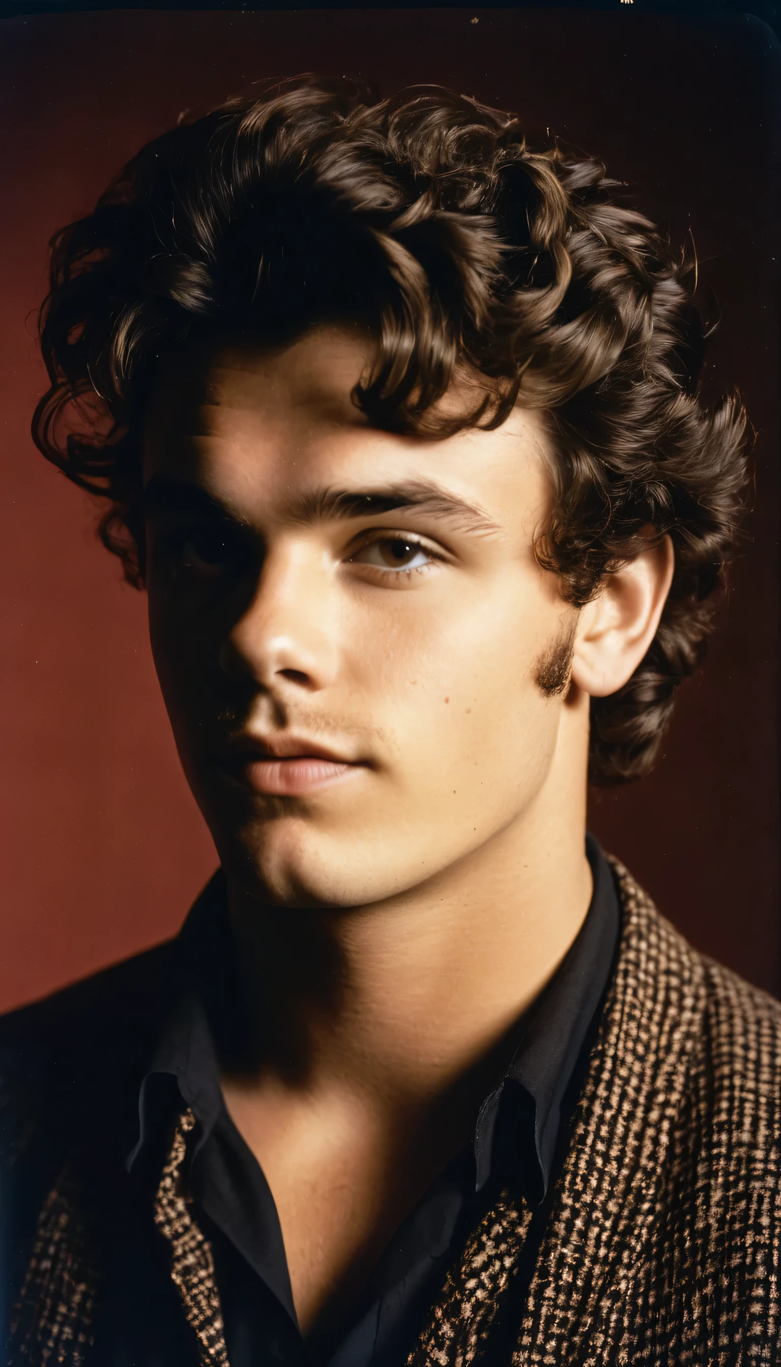 Vintage photo of a young man, 22 years-old, brown-black hair, short curly quiff haircut, brown eyes, caucasian, round face, oval-shaped jawline, bulbous nose, full lips, thick eyebrows, soft features, stocky broad frame, chubby, handsome, resembles a young John C Reilly, (ruffled pirate shirt:1.1), silhouette, backlit, split lighting, half face in shadow, RAW Photograph, dslr, hard lighting, hard shadows, high quality, film grain, Fujifilm XT3, detailed skin with visible pores, insane details, masterpiece, 8k, 35mm photograph, dslr, kodachrome, faded film, desaturated, 35mm photo, grainy, vintage, Kodachrome, Lomography, stained, highly detailed, found footage, close-up shot
