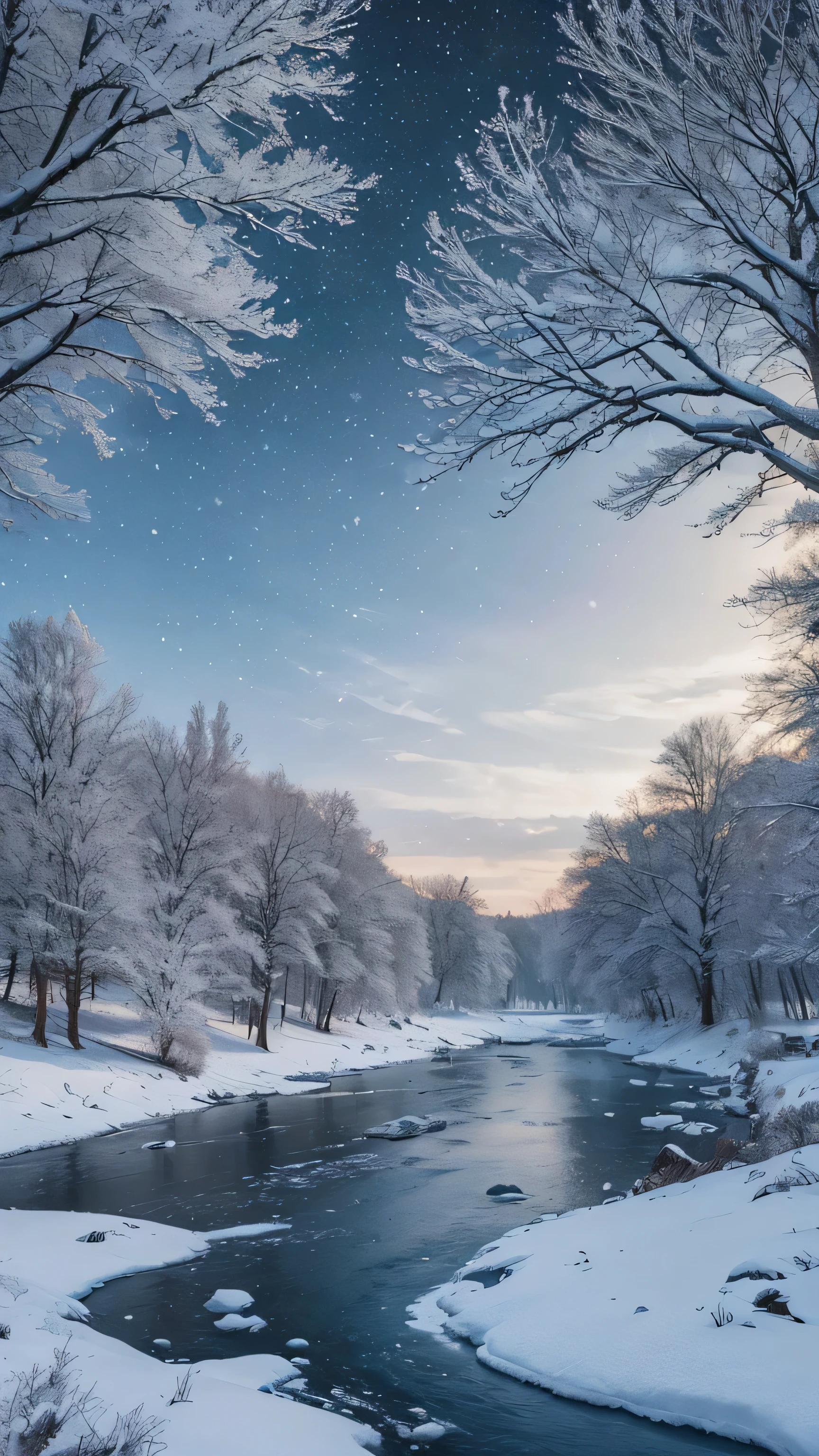 snowy landscape with a river and trees in the middle of it, winter scene fantasy, background artwork, snowy landscape, winter concept art, snowy environment, beautiful snowy landscape, snow landscape, snow landscape background, 4k highly detailed digital art, 8k high quality detailed art, cold snowy, surreal frozen landscape, winter landscape, mystic winter landscape, 4k hd matte digital painting