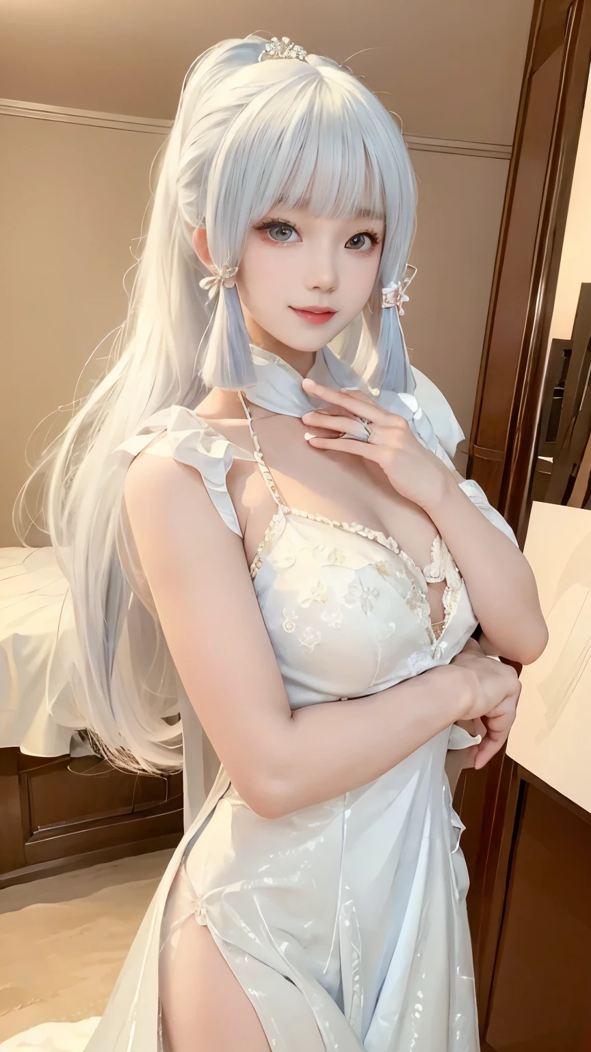 (masterpiece), (best quality), 8K resolution, 1 sister, asian girl, That&#39;It&#39;s breathtakingly beautiful, This is a perfect face, Perfect body, huge big breasts, 20 years, revealing clothes, white silk dress, ，prom，long white hair，high ponytail，Color eyes，smile very happily，Thin fingers，nice hands，inside，Vision