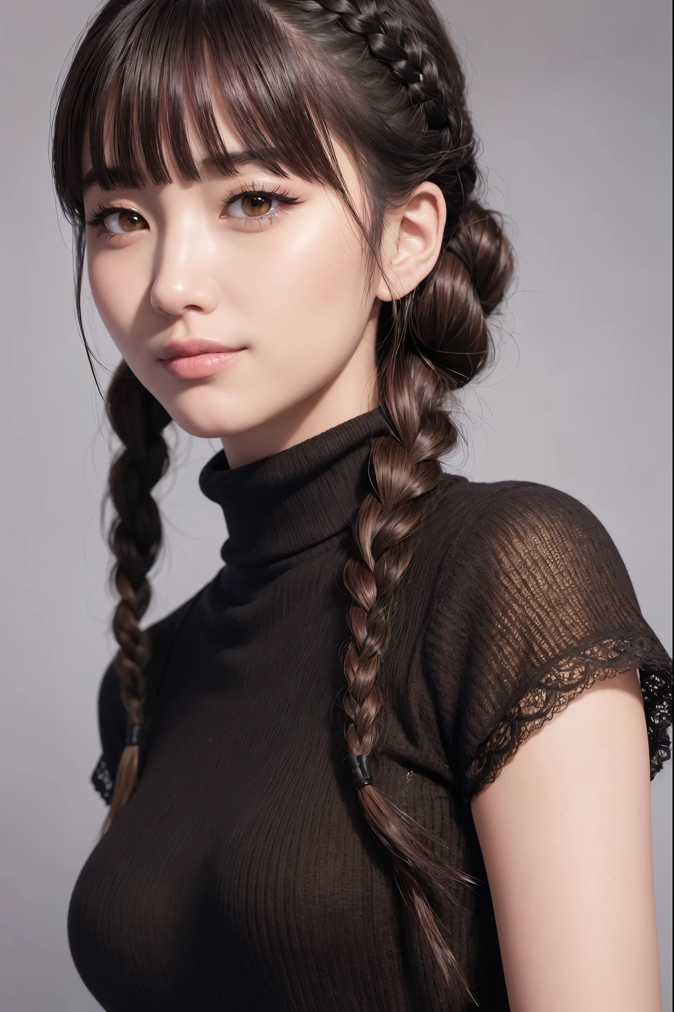 Realistic, masterpiece, highest quality, highest resolution, one japanese woman, A happy smile, beautiful detailed eyes, black eyes, thin eyebrows, Make your eyelashes delicate, false eyelashes, natural makeup, (braid hair, blunt bangs, brown hair:1.2), detailed face, He looks slightly to the side, but is always looking at the viewer., Simple design black turtleneck sweater, upper body photo, portrait background