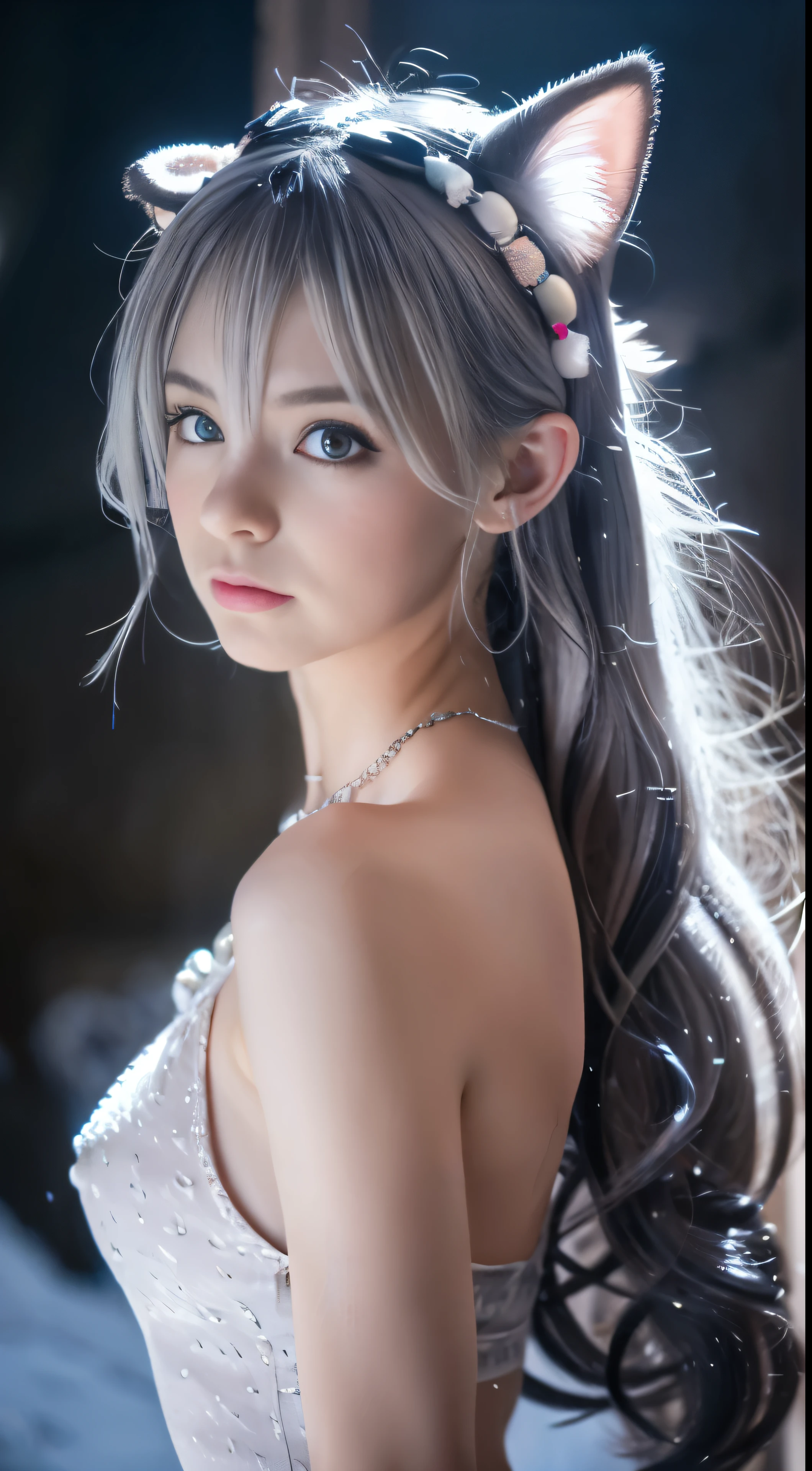 (masterpiece, best quality:1.2),1girl, upper body,tail, large tail, white hair, very long hair, wavy hair, grey eyes, detailed eyes, multicolored hair, circlet, bead necklace, animal ears, leopard ears, black cape, white dress, hip vent, pelvic curtain, grey thighhighs, snowy, snowy mountains, blizzard, volumetric lighting, subsurface scattering, cinematic lighting, chiaroscuro, floating hair, hand on own chest