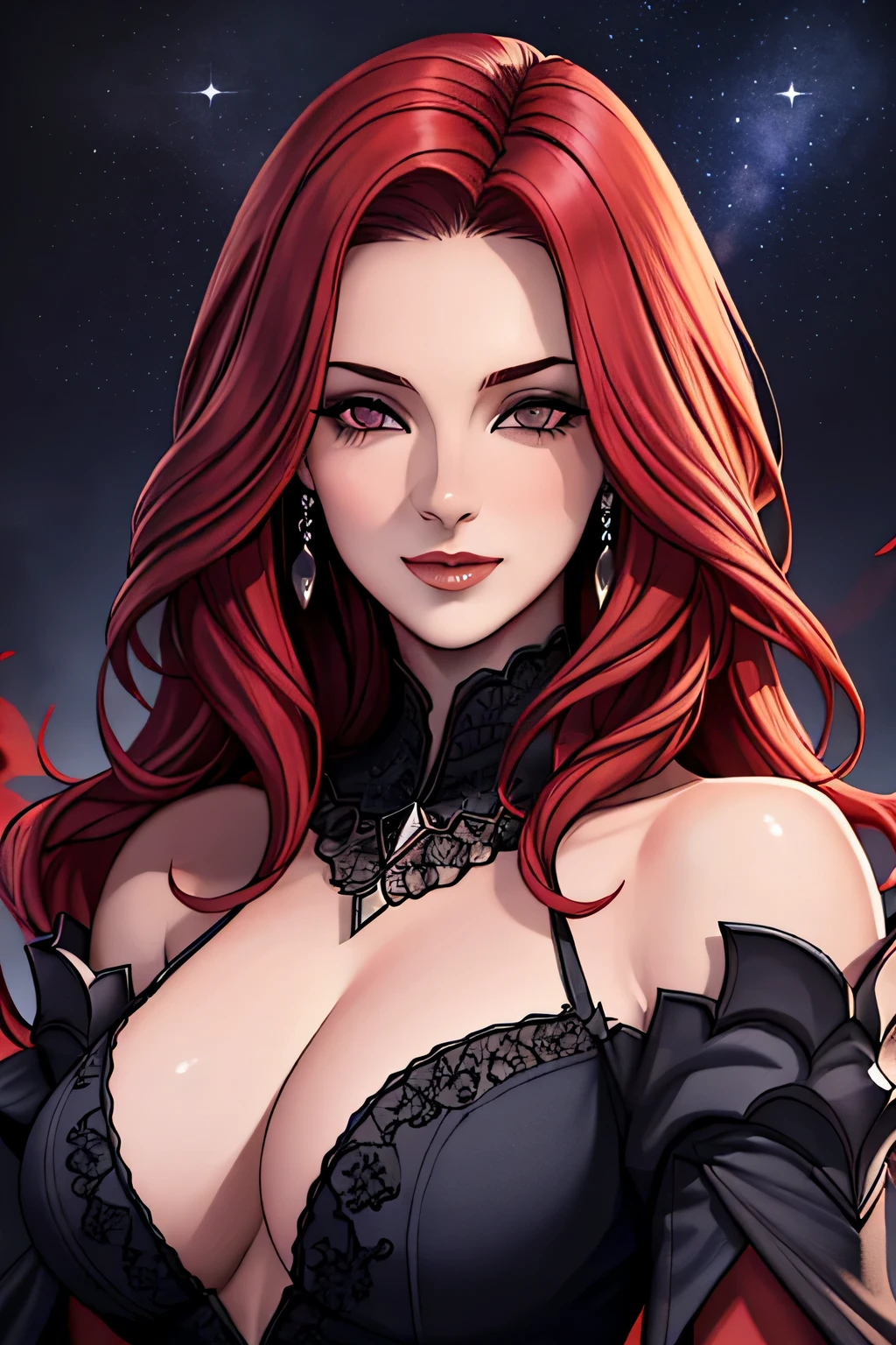 portrait shot, ((vivid red hair)), mature woman, 30 years old, diamond face, moonlight, red starry sky background, depth of field, magic, big red lips, ((dark black eyes)) black and red long and full dress, covered chest, mystical atmosphere, ominous shadows, Intense blue aura, Intense red aura (best quality:1.2), absurdres, intricate details, (highly detailed skin:1.2), smile expression, posing, taut and well defined body, attractive. Highly realistic, pale skin, beautiful, hyperrealism, skin very elaborated, direct gaze
