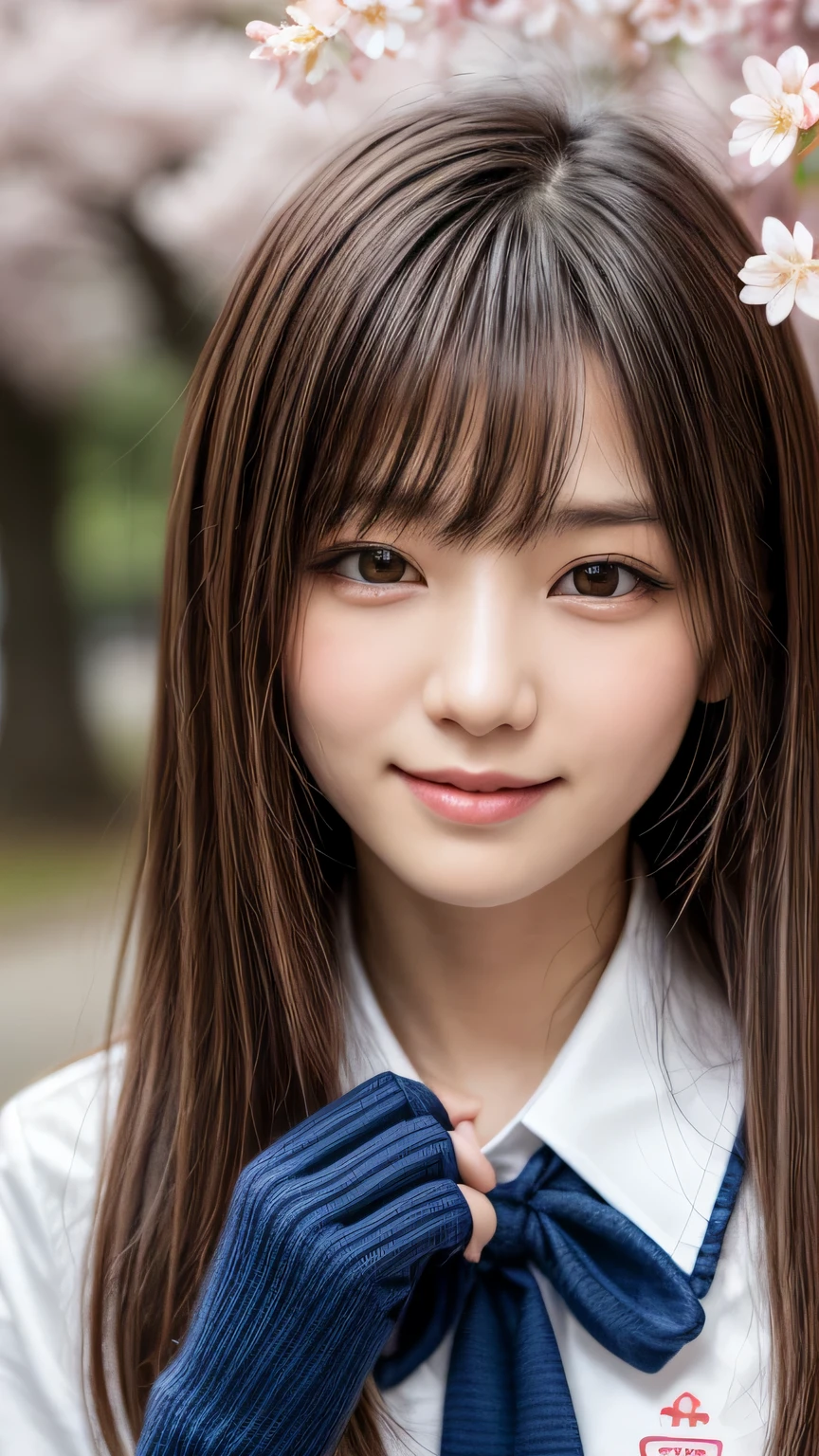 one girl, (a beauty girl, delicate girl:1.3), (14 years old:1.3),
break, (spring, cute uniform:1.3),
break, (Street view:1.3), (cherry blossoms fall:1.3), (wool gloves), perfectly trimmed fingers,
break, very fine resolution, (symmetrical eyes:1.3),
break, small breasts, brown eyes, parted bangs, brown hair,  girl,
break, (Eye and face details:1.0), (get closer to the face, enlarge the face, face focus:1.0),close up of face,
break, (masterpiece, highest quality, Super detailed, detailed face, 8K),SakuraFubuki,cherry blossom petals,smile,random pose