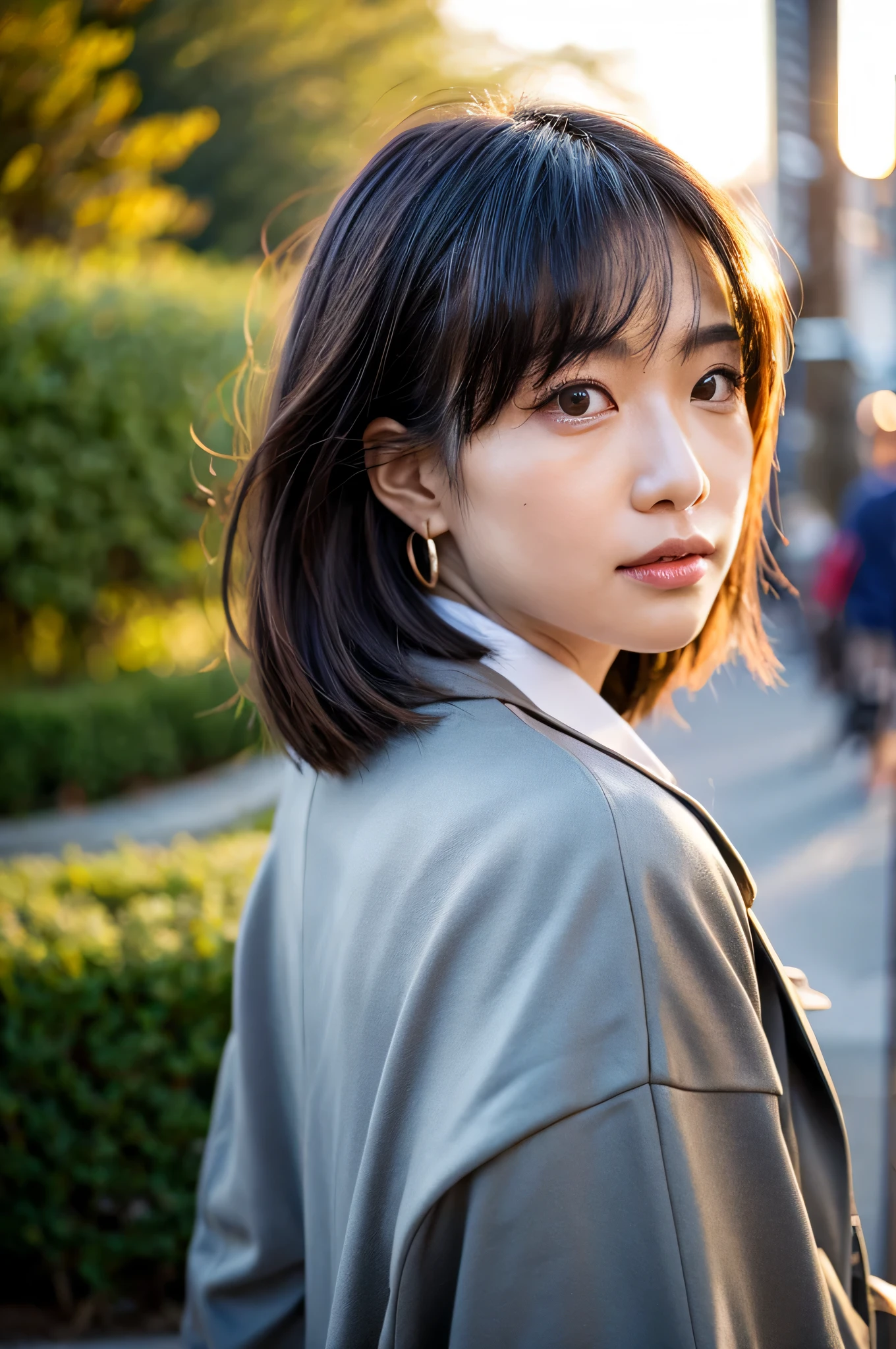 Back of one beautifull 35 years old strong-personality asian women, on leather legging, on jacket, very short wavy hair, wind blowing hair, deep-eyes, mole near eye, serious face, wear long earrings, high constrat photo, half-body potrait photo, detaild skin-face, make hair sharper, focus to eyes, make eyelash sharper, make eyebrow sharper, super sharp photo, ((masterpiece)), (detailed), many bokeh from the light of street, sunset-light, strong flare-effect, light of the sun shines accross hair very bright, make pores realistic, make skin realistic, cinematic color, detail bores, detail eyebrow, detail eyelash, detail lips, make photo many shadow, （realisticlying：1.4), make photo highest constrat, make photo deeper