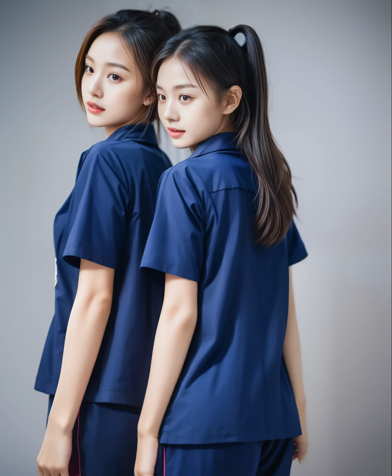 (best quality,10,10,height,Masterpiece:1.2),Special details,(realistic,ภาพrealistic,Realistic photos:1.37),1 Cute girl in the kitchen,shiny, ผิวshiny,only,smile softly,BDclothelue shirt:1.3)),short sleeve,shirt, กางเกงขาlong.,(navy_long_track pants:1.1), ((Kitchen Background)),Dynamic angle,excited,Face focus,dynamic poses,from behind,focus on ass,Masterpiece, best quality, ultra realistic, Too many details, 8k resolution, raw photos, Sharp focus, ((Navy blue shirt:1.1)), short sleeve, เส้นทางlong, perfect body, 2 mature women, 18 years old, Cinema-grade lighting system,blue sweatpants,shirtผ้าออกกำลังกาย,correct anatomy,perfect body, correct body, Sharp face, correct bodyทางกายวิภาค, full body, realistic gestures, long-haired, realistic poses,Wear long shorts...........................,ช่วงขาlong,Good shape,carved girl, Slender figure, model, Good shape, beautiful body,blue sweatpants, two girls kissing