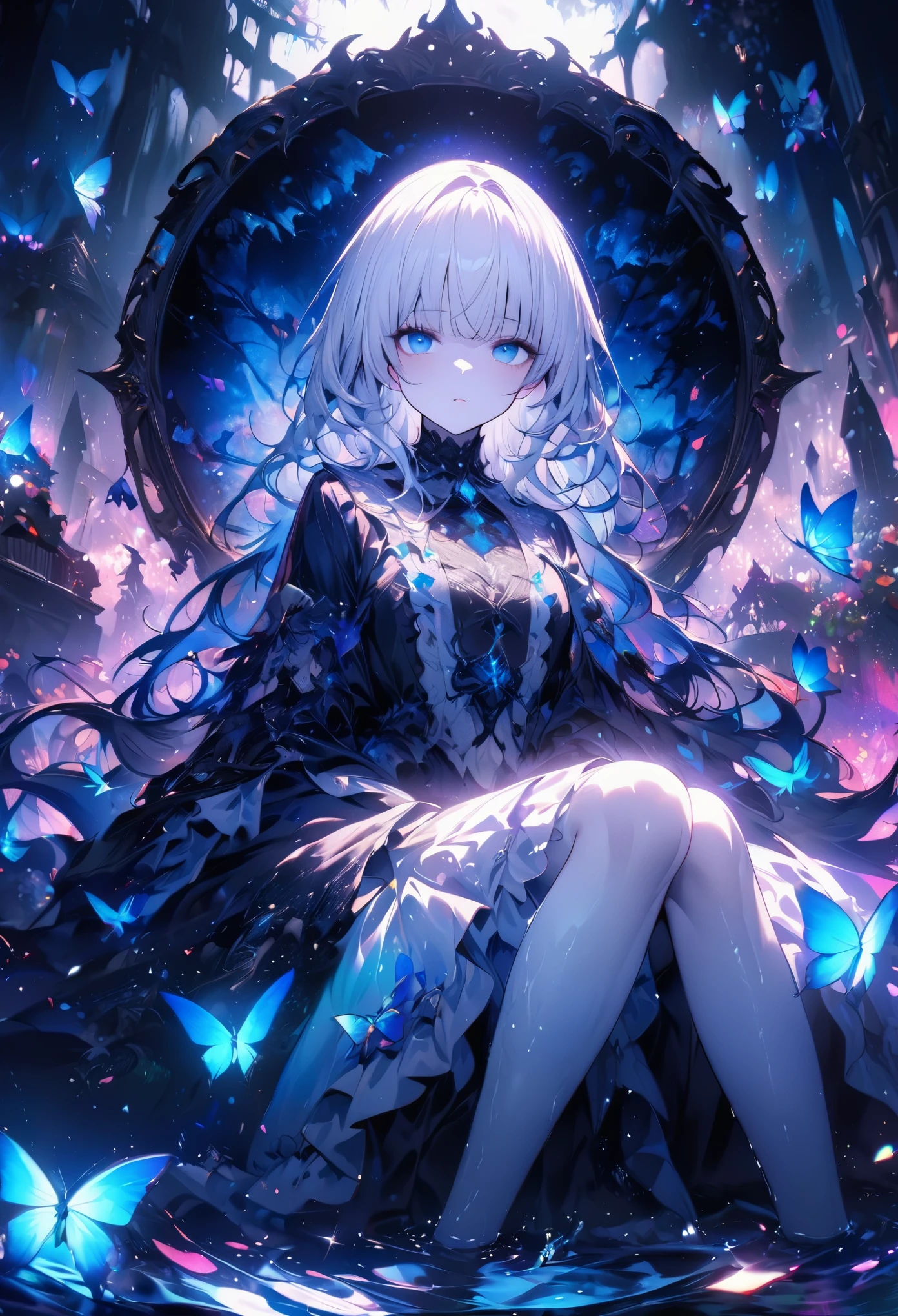 (masterpiece), (best quality), illustration, super detailed, high dynamic range, depth of field, (colorful), ,,This is a masterpiece that exudes exceptional quality. The illustration is ultra-detailed, Using HDR technology to create a sense of depth. Theme is original, beautifully, and beautiful artwork, bright colors,Full of fantasy elements. Girl sitting by the deep sea, surrounded by running water, The background is dark blue World Tree, Located in the cemetery. 宁静梦幻的氛围赋予整个场depth of field情迷人的气质. her pale complexion, sparkling blue eyes, silver hair decorated with flowers,Create a captivating portrait. She wears lolita style fashion, poker face,shut your mouth. Backgrounds range from white, transparent, Loop options, There are also flying translucent blue butterflies,Add vitality.