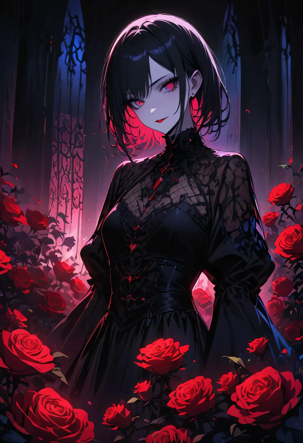 (high quality: 1.3), lens, masterpiece, (sharp focus: 1.5), (lifelike: 1.3), medium portrait (A beautiful young vampire woman, pale skin, Gothic, Still proud and fierce, Black short bob straight hair, dark appearance, Wearing a sophisticated dark tunic, dark atmosphere, But shape it in a way that contrasts light and dark), it&#39;night, (highly refined skin), (Detailed face), Detailed background, dark light, twilight lighting, Volumetric lighting, intricate details, ultra high definition,