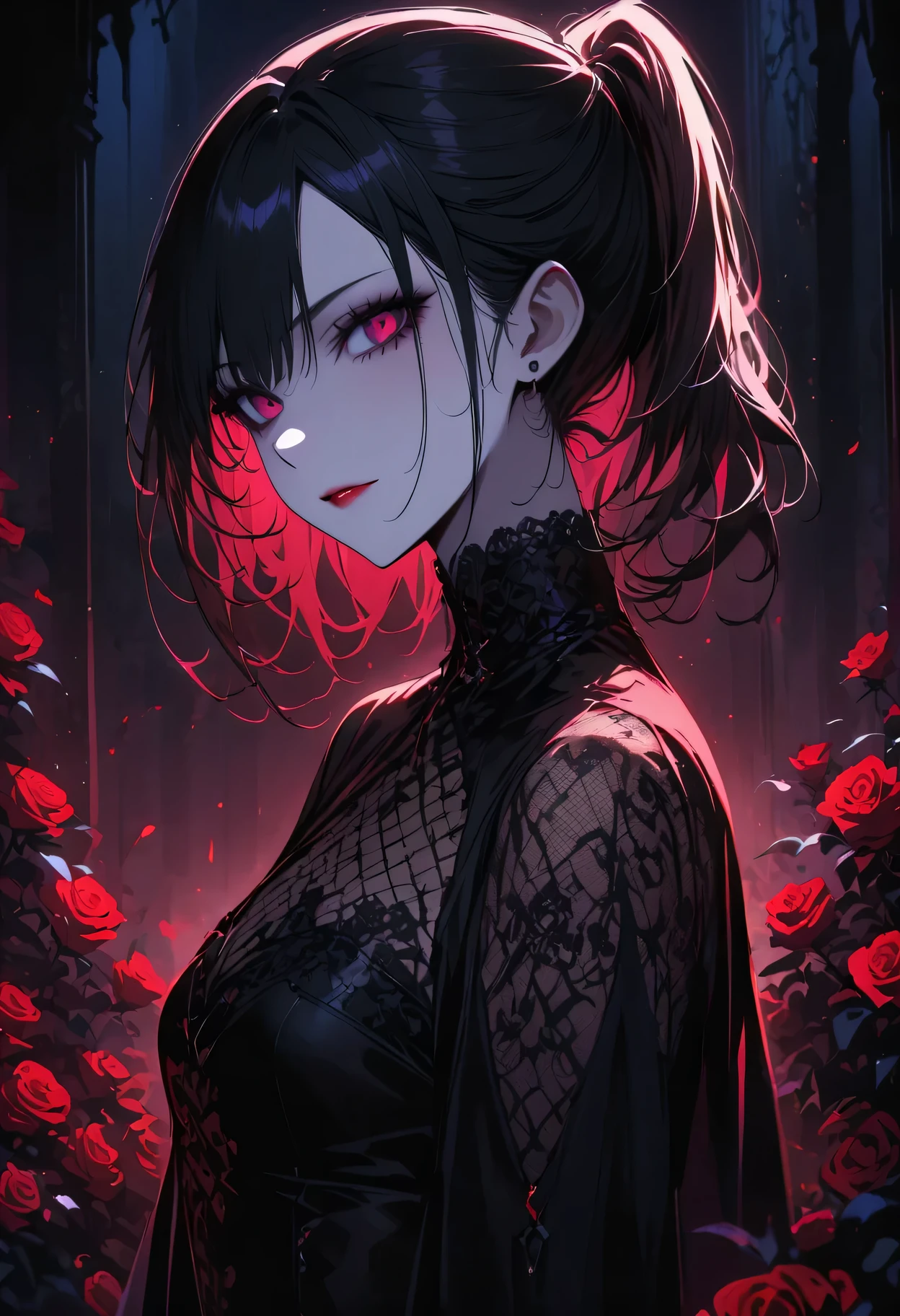 (high quality: 1.3), lens, masterpiece, (sharp focus: 1.5), (lifelike: 1.3), medium portrait (A beautiful young vampire woman, pale skin, Gothic, Still proud and fierce, Black short bob straight hair, dark appearance, Wearing a sophisticated dark tunic, dark atmosphere, But shape it in a way that contrasts light and dark), it&#39;night, (highly refined skin), (Detailed face), Detailed background, dark light, twilight lighting, Volumetric lighting, intricate details, ultra high definition,