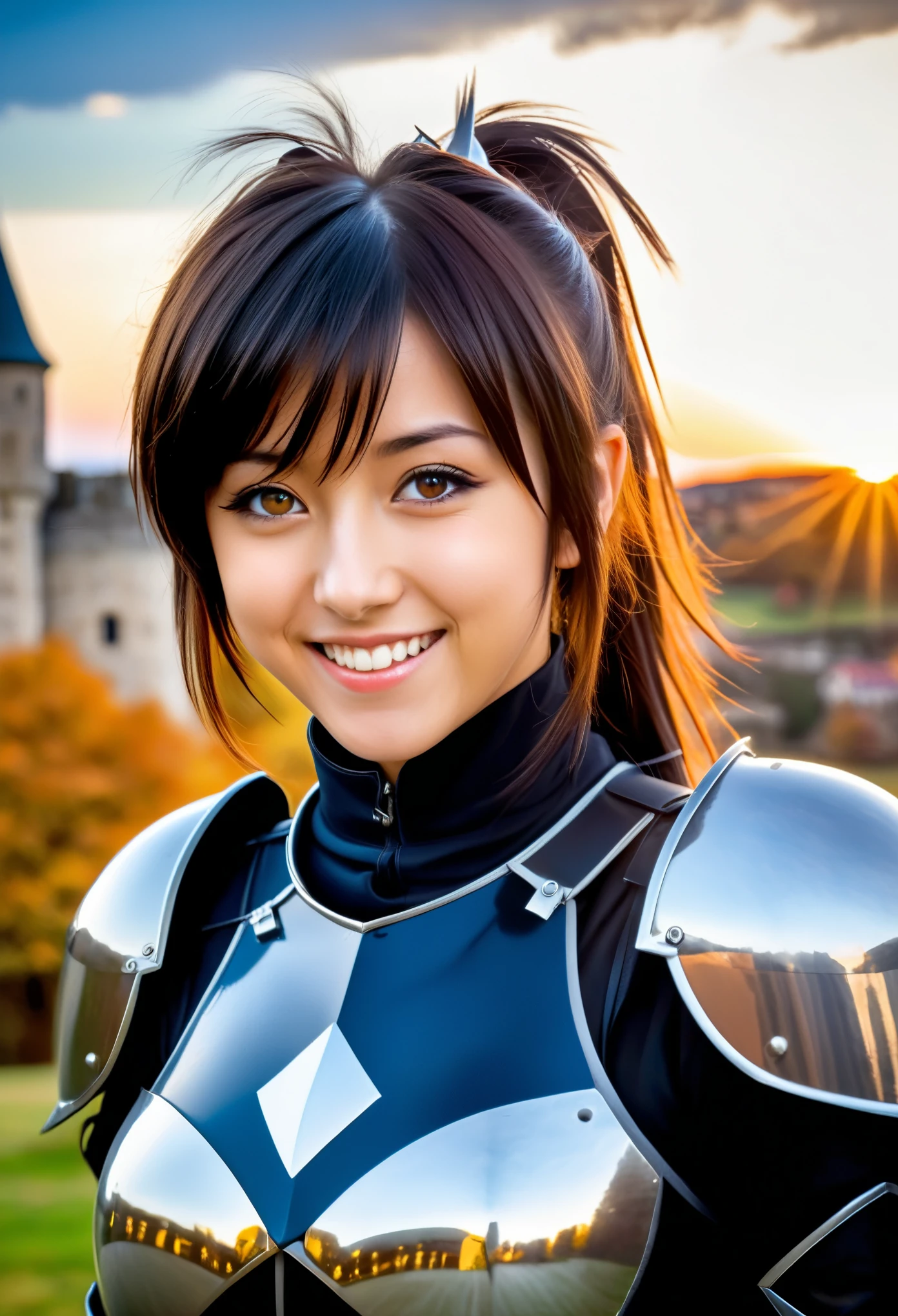 photo of A german-woman wearing a black knight armor, grinning, ((((black hair)), ([blue-eyes:.9]), face of Haruhi Suzumiya)), beautiful symmetric face, ponytail, at a medieval European castle on an autumn sunset, fantasy, alone, solo, 8k, posing of Haruhi Suzumiya (detailed highres high quality high saturation) vibrant colors