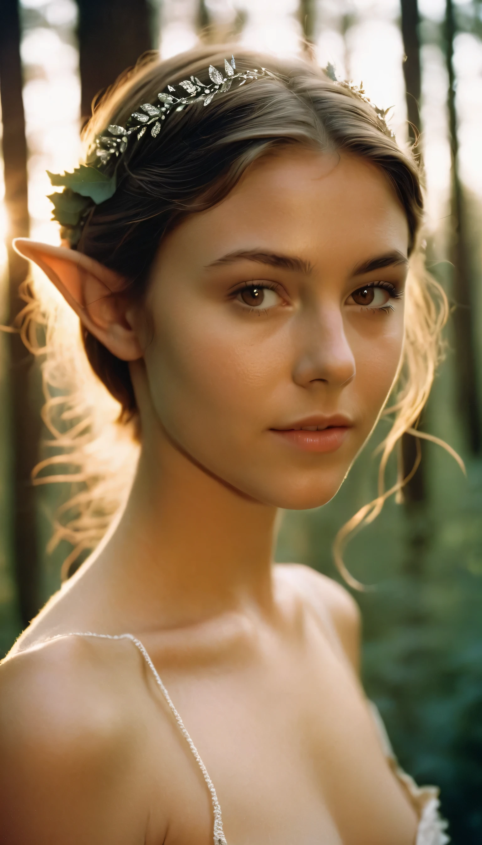 analog film photo, photo of a girl, 18 years-old, elf, elf ears, long pointy ear tips, brown eyes, nude, naked, breasts, nipples, vagina, light-brown sun-tanned skin, tan lines, goosebumps, pretty, natural beauty, resembles a young Mary Elizabeth Winstead, misty morning, elven forest, RAW Photograph, dslr, soft lighting, high quality, film grain, Fujifilm XT3, detailed skin with visible pores, insane details, masterpiece, 8k, 35mm photograph, dslr, kodachrome, faded film, desaturated, 35mm photo, grainy, vintage, Kodachrome, Lomography, stained, highly detailed, found footage, full-body, elven ears