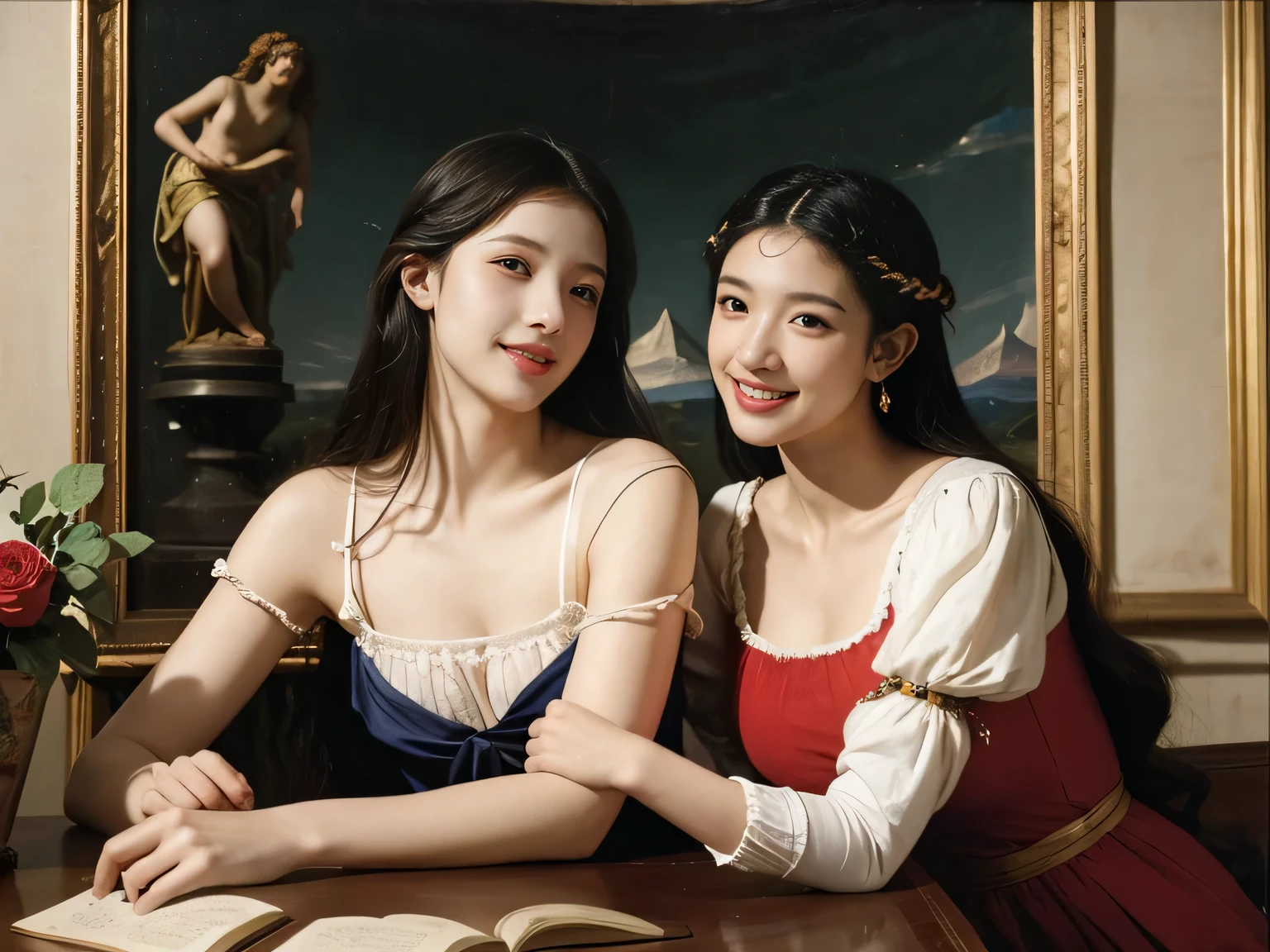 Giorgione painting style,Arguments of two female Philosophe,math、astronomical machine、astronaut、roses in vase、fruits、Cute trinkets、smile、ancient greek costume、Ancient Roman landscape in the style of Nicolas Poussin,laughter,,Sweet and seductive appearance.、Caravaggio's paintings、Chiaroscuro of Caravaggio、hair tousled by the wind,Two women frolicking,cute smile, expression of ecstasy,Sexy,erotic