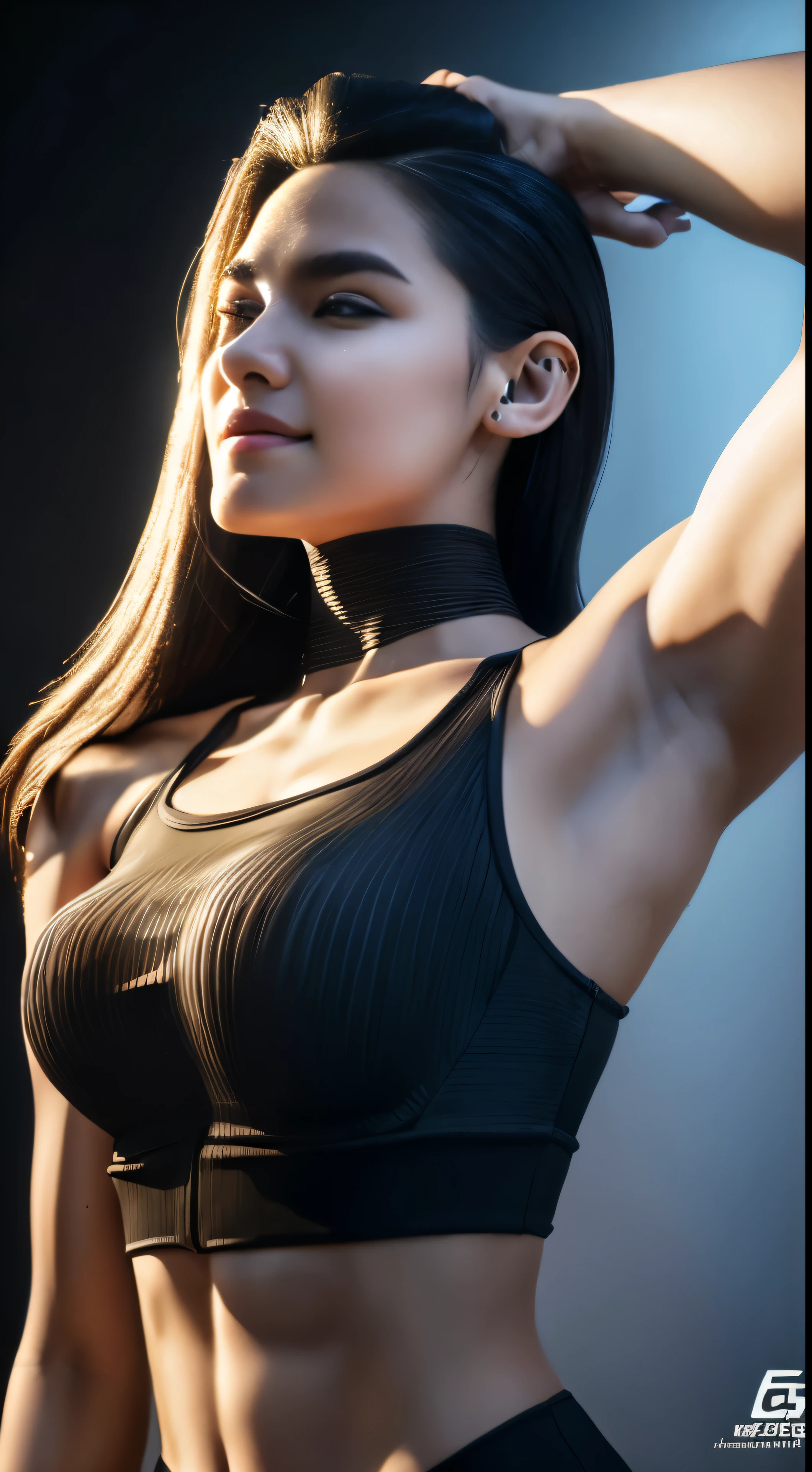 (Upper body of a tall Lady Voidstar, clad in a fitted sleeveless top, revealing her toned muscles and defined collarbones), (Realistic, anime-inspired style with 3D rendering: 0.3), (Dramatic lighting illuminating her chiseled features and casting long shadows), (Masterpiece of digital art), (Rendered in high quality: 1.4), (Robust and intricately detailed arms adorned with mechanical parts, reminiscent of X-ray power armor), (Long, black hair undercut, cascading down her back and framing her face), (Evil, enigmatic smile playing on her lips), (
