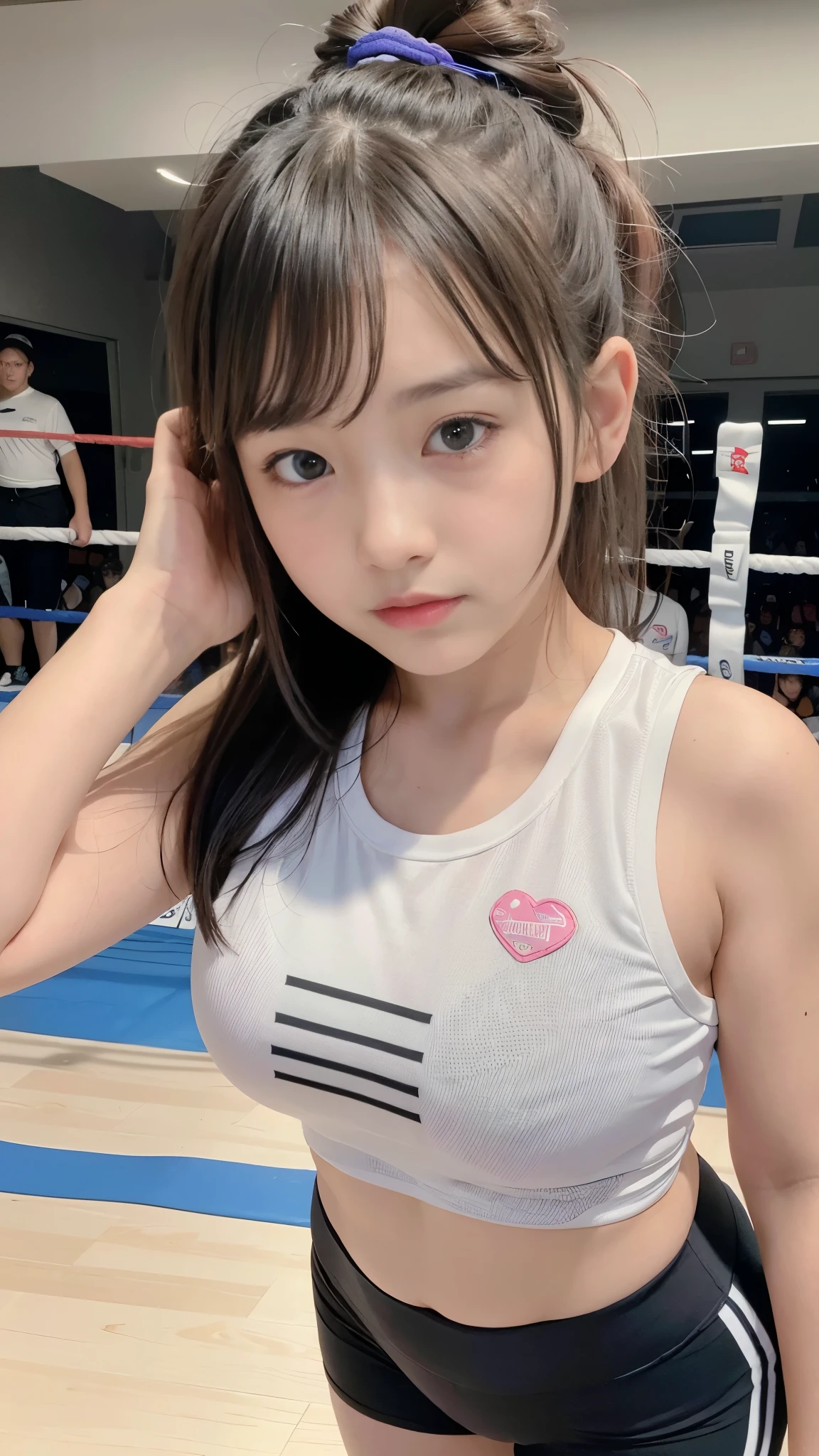 adorable, 1 girl, (()), sleepless face, medium portrait, (face details: 1), (eye details: 1), hair scrunchie, ((big breasts)). Look like a happy. sports t-shirt, tight leggings. Sweating. Boxing arena, boxing.. Ultra High Res.realistic:1.4, UHD