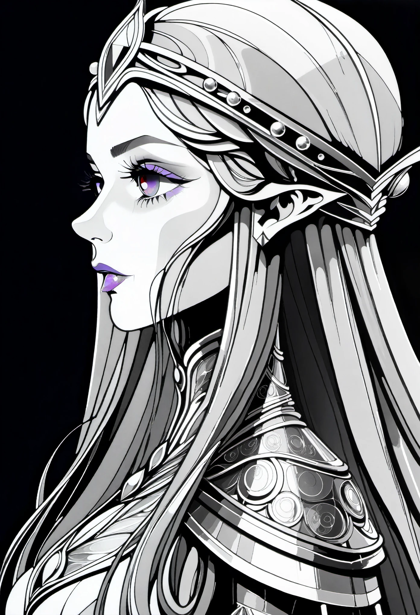 (Pencil_Sketch:1.2, messy lines, greyscale, traditional media, sketch),(full body portrait:1.5), (Far focus design:1.5), An elf queen, High-level elf noble clothing, Proud, shy, bell, Triple crown, Glowing white pupils, Eyes look toward central focus, wrapped in lilac metallic canvas, Exuding an aura of dark fantasy and hatred, Intricate and exquisite details, Highlight thin strokes, dark rich color palette, Black, Red, white, blue, Added to enhance the overall ambience, Beautiful details glow, smooth and flawless, through double exposure technology, Hauntingly beautiful mist shrouding the landscape, Delicate crystal structure sparkles, ethereal light, Soft baby pink cherry blossoms, Exquisite carpet floor, Optical fiber thin fibers add touch, Intricate and mysterious, nose blush, rococo style, high detail, Conceptual art, UHD, anatomically correct, super detail, best quality, 8k